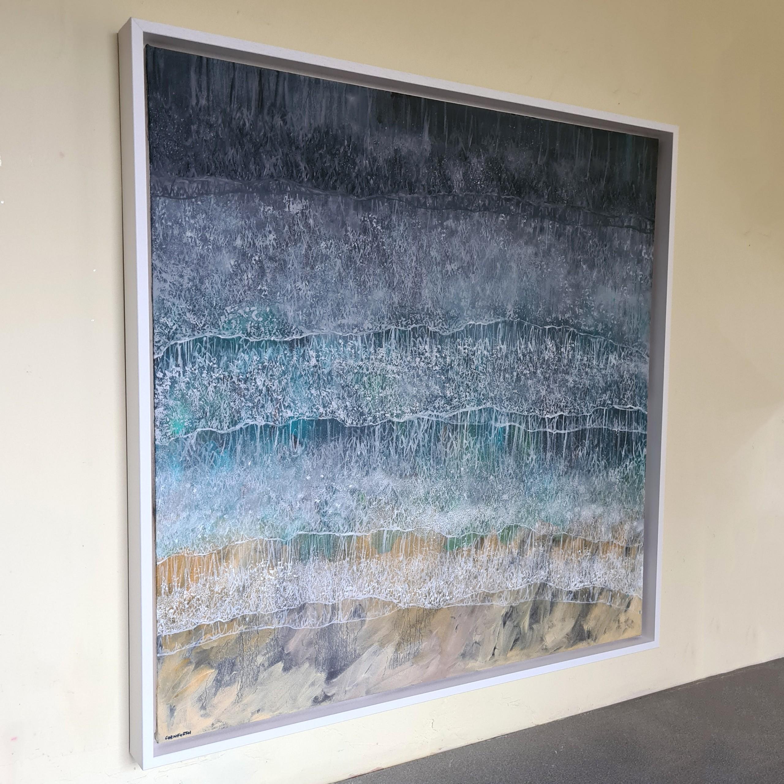 Silber Ozean, Luftbild Meereslandschaft Gemälde, zeitgenössische Strandhauskunst im Angebot 1