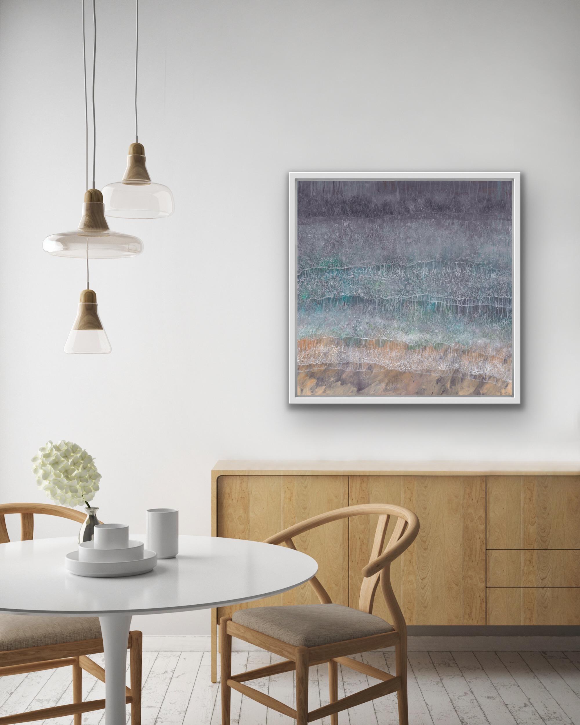 Silber Ozean, Luftbild Meereslandschaft Gemälde, zeitgenössische Strandhauskunst im Angebot 3
