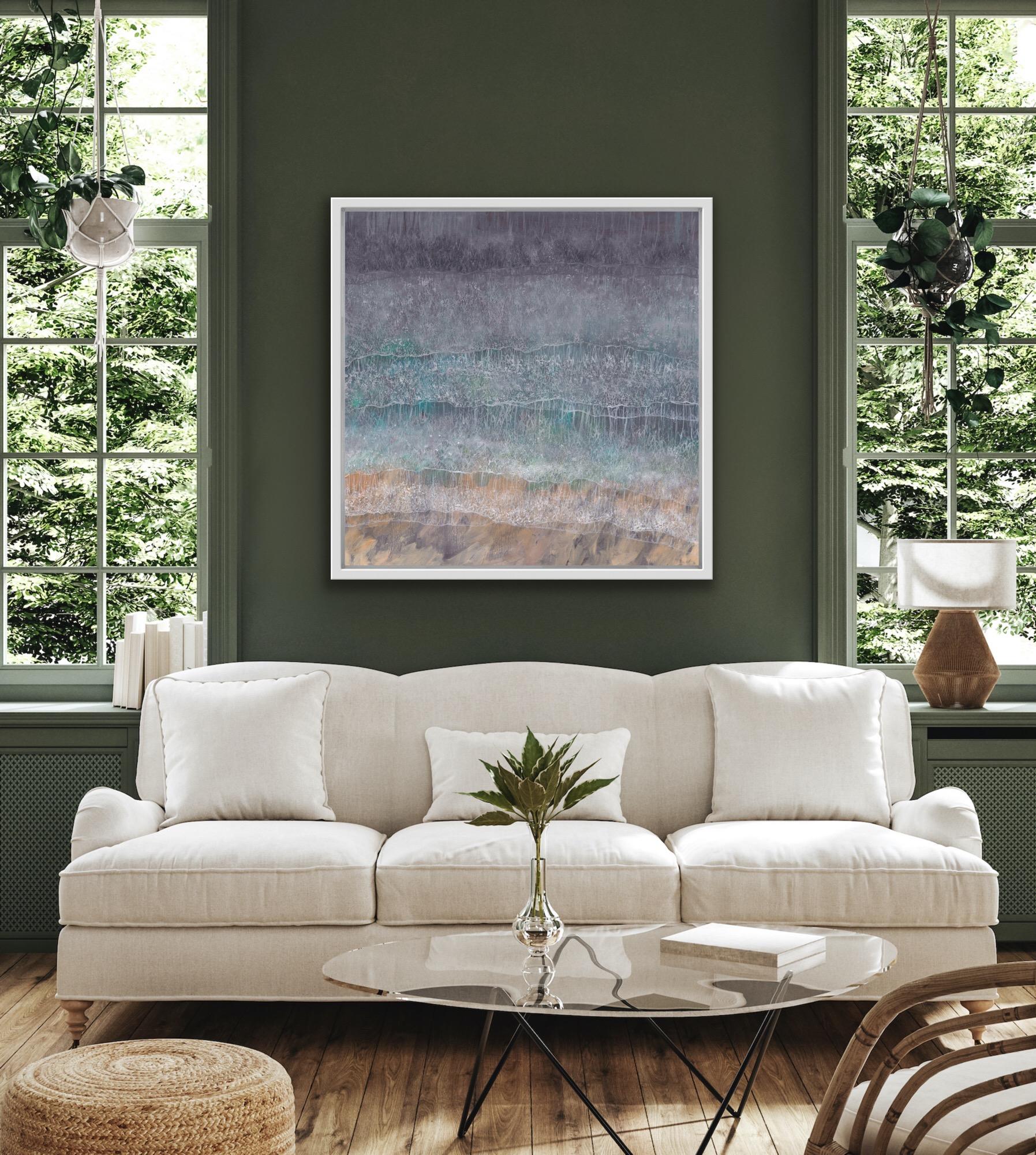 Silver Ocean, Arial Seascape Seaside Painting, Contemporary Beach House Art For Sale 6