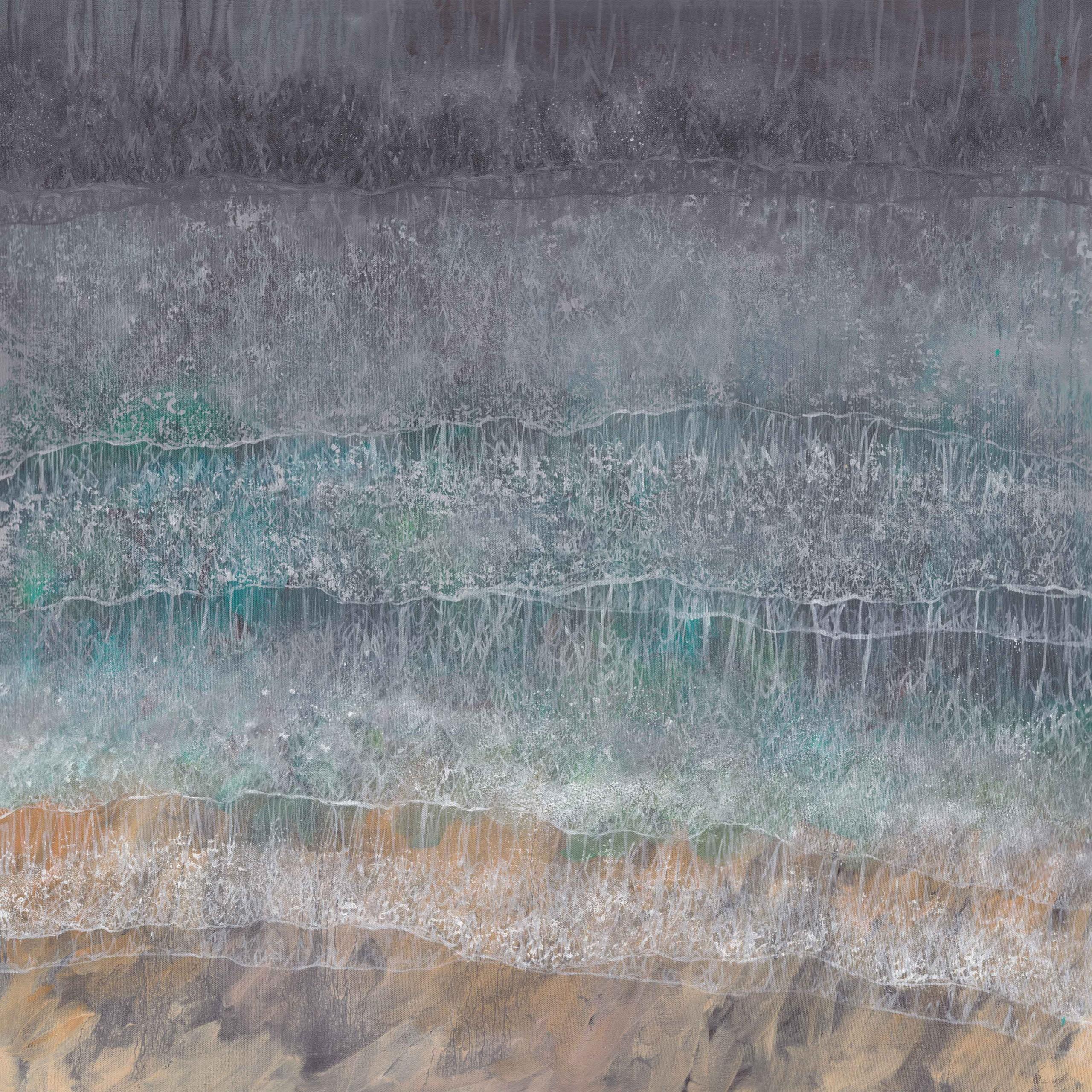 Lenny Cornforth Abstract Painting – Silber Ozean, Luftbild Meereslandschaft Gemälde, zeitgenössische Strandhauskunst