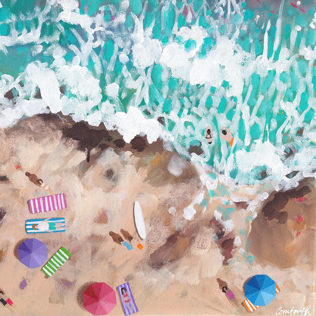 Summer - seascape winter seasonal coastal original artwork acrylic painting view - Painting by Lenny Cornforth