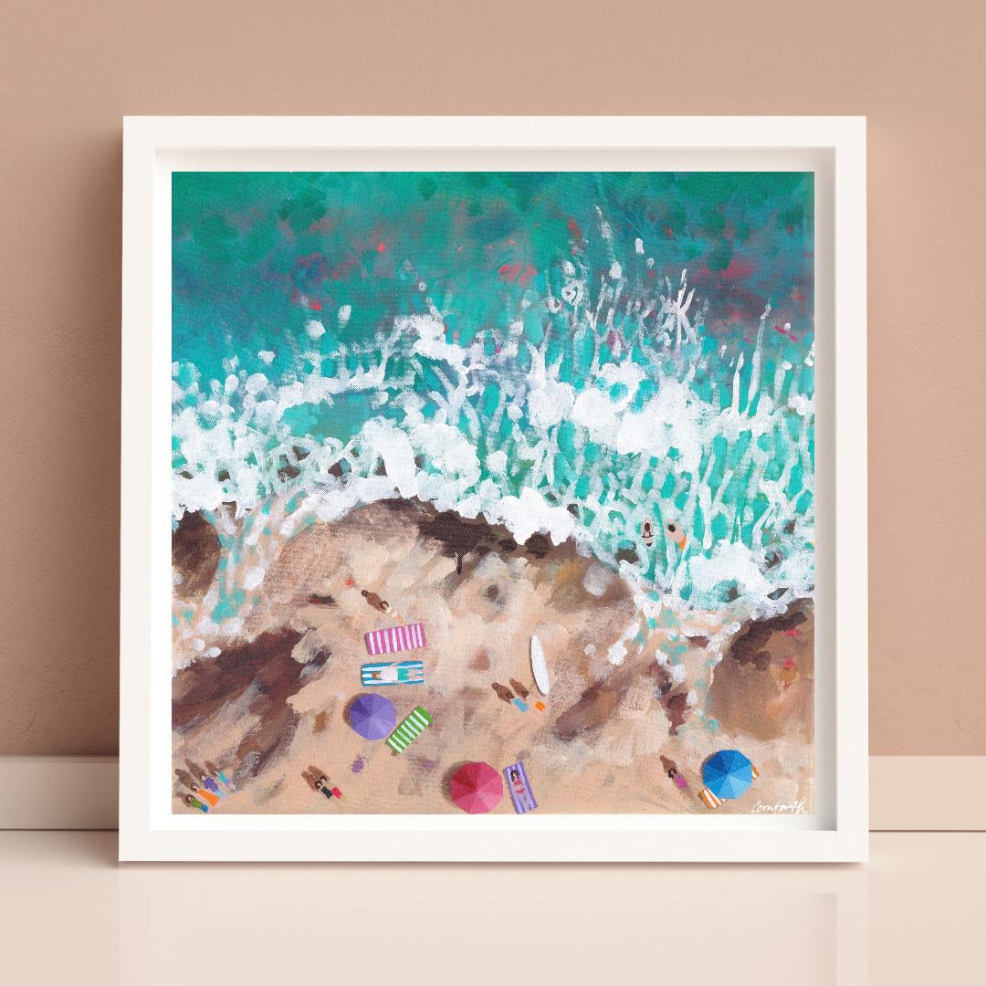 Summer - seascape winter seasonal coastal original artwork acrylic painting view - Realist Painting by Lenny Cornforth