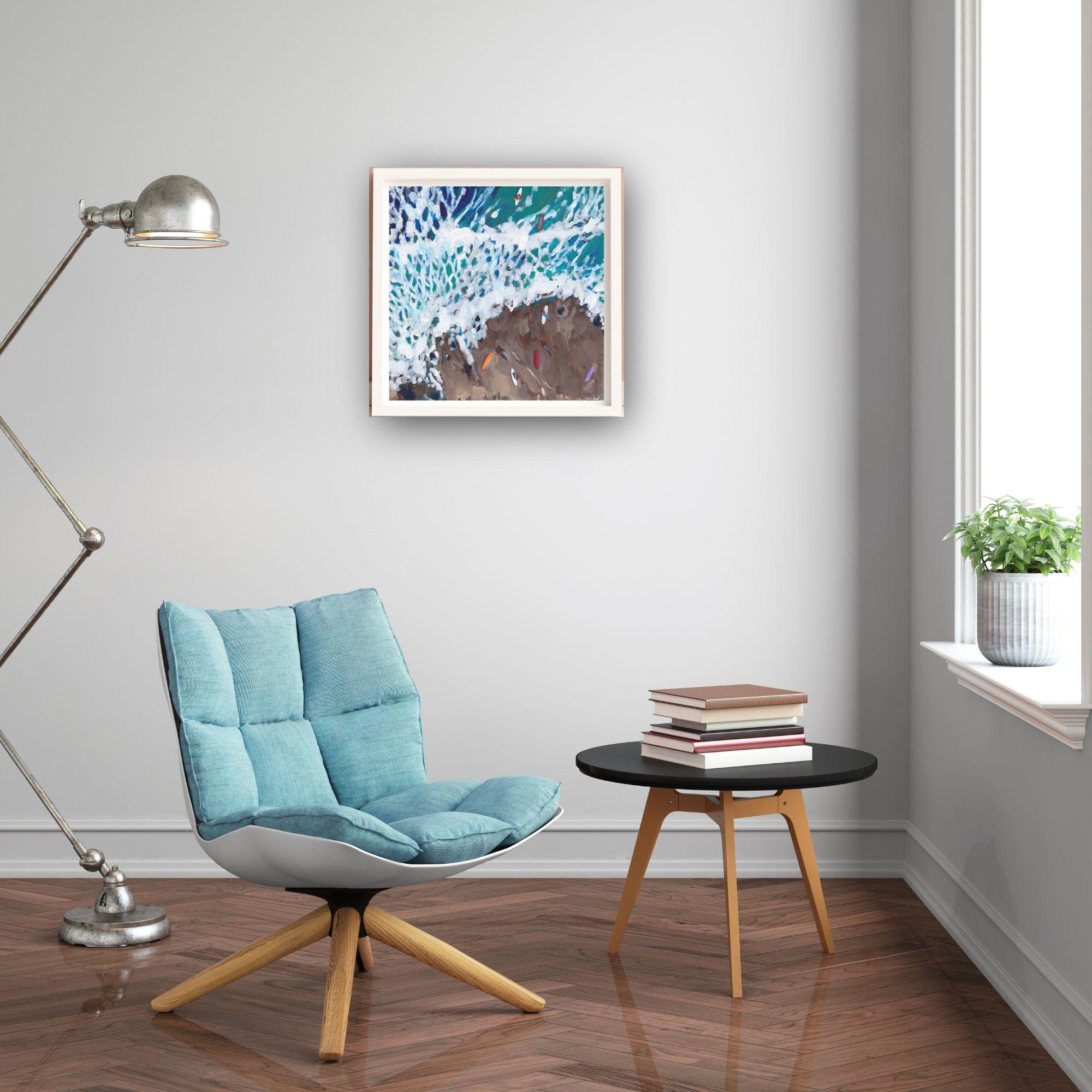 Winter - seascape winter seasonal coastal original artwork acrylic painting view - Gray Landscape Painting by Lenny Cornforth