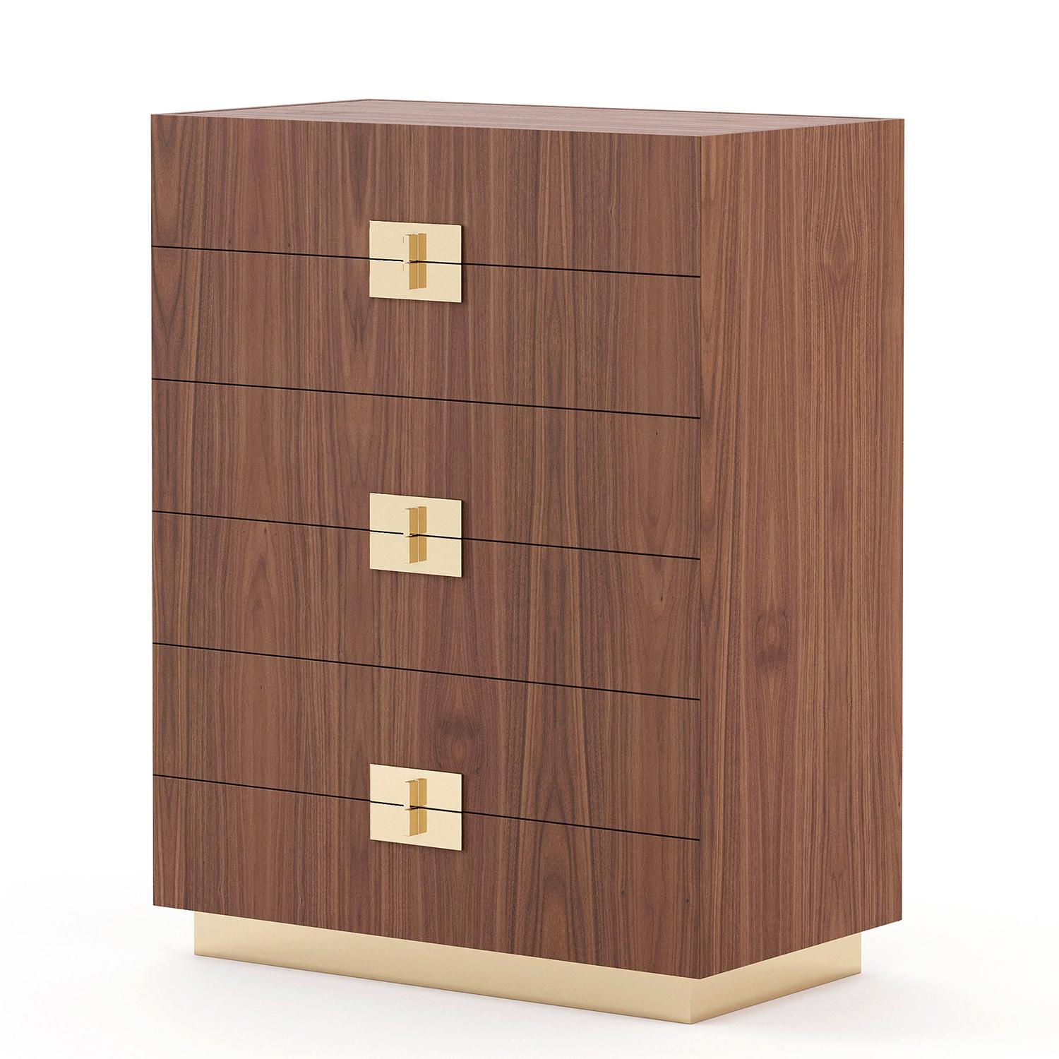 Chest of drawers Lenny High with structure in veneered walnut wood,
with white marble top. Chest with 6 drawers, with easy glide system. 
Base and handles in polished stainless steel in gold finish.
Also available with other wood and metal