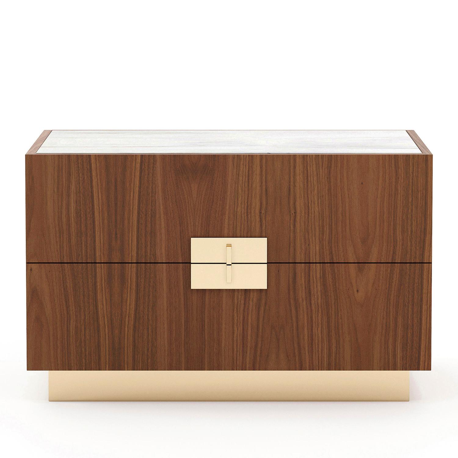Nightstand Lenny with structure in veneered walnut wood,
with white marble top. Chest with 2 drawers, with easy glide system. 
Base and handles in polished stainless steel in gold finish.
Also available with other wood and metal finishes
on