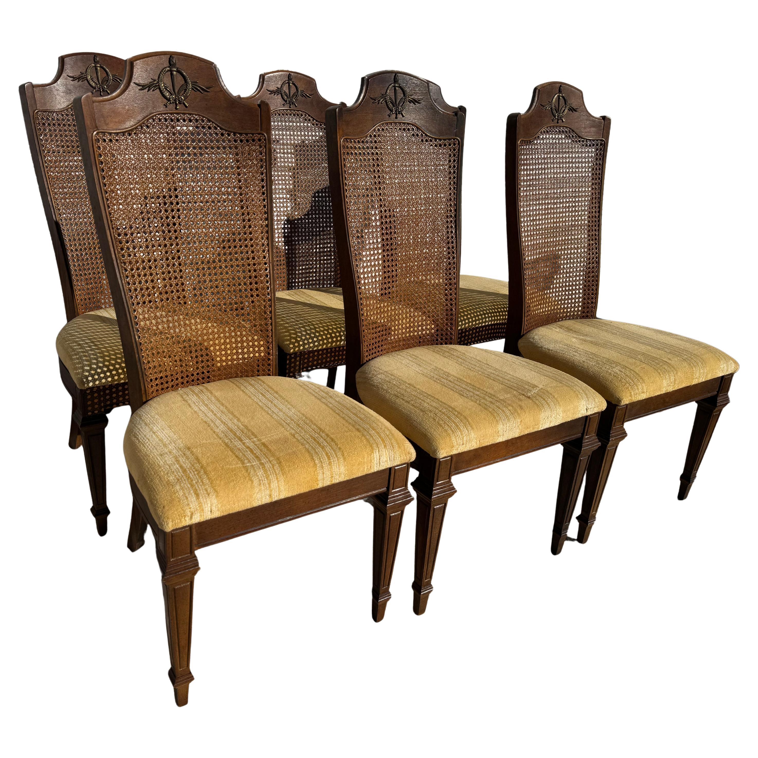 Lenoir Chair Company Set Of 6 Walnut with Brass Ormolu and Cane Backs