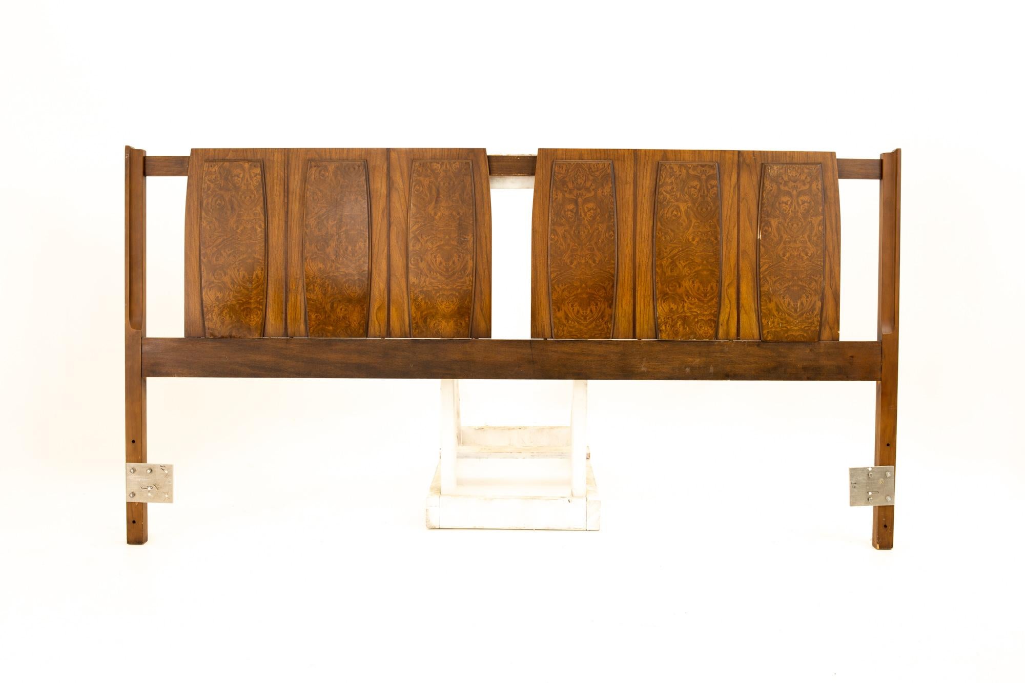 Lenoir House Mid Century burl wood and walnut king headboard
Head board measures: 78.5 wide x 1.5 deep x 40.75 high

All pieces of furniture can be had in what we call restored vintage condition. That means the piece is restored upon purchase so