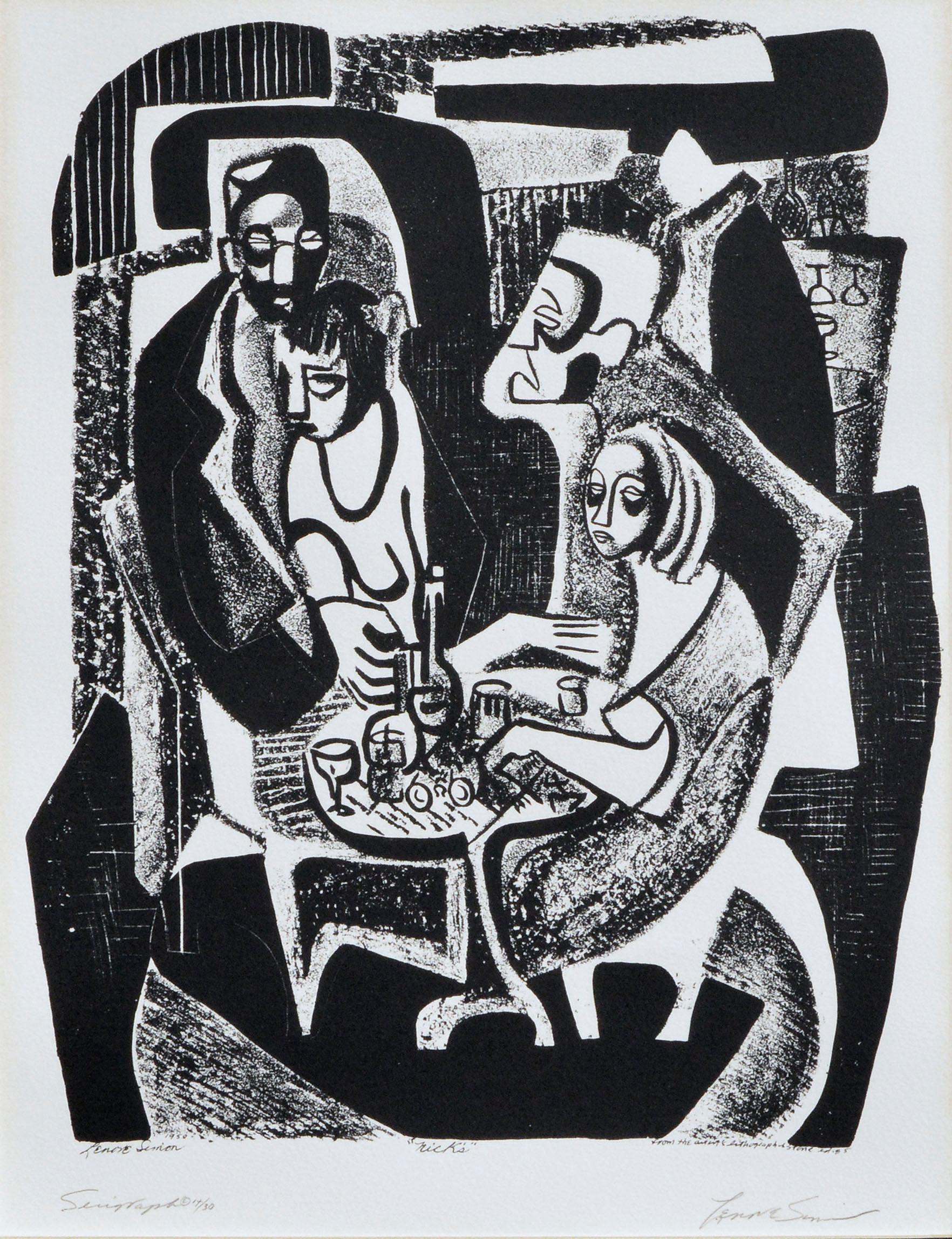 Table basse de Nick's Coffee House in the Village - Édition rare d'impression figurative moderne des années 1970 - Print de Lenore SImon