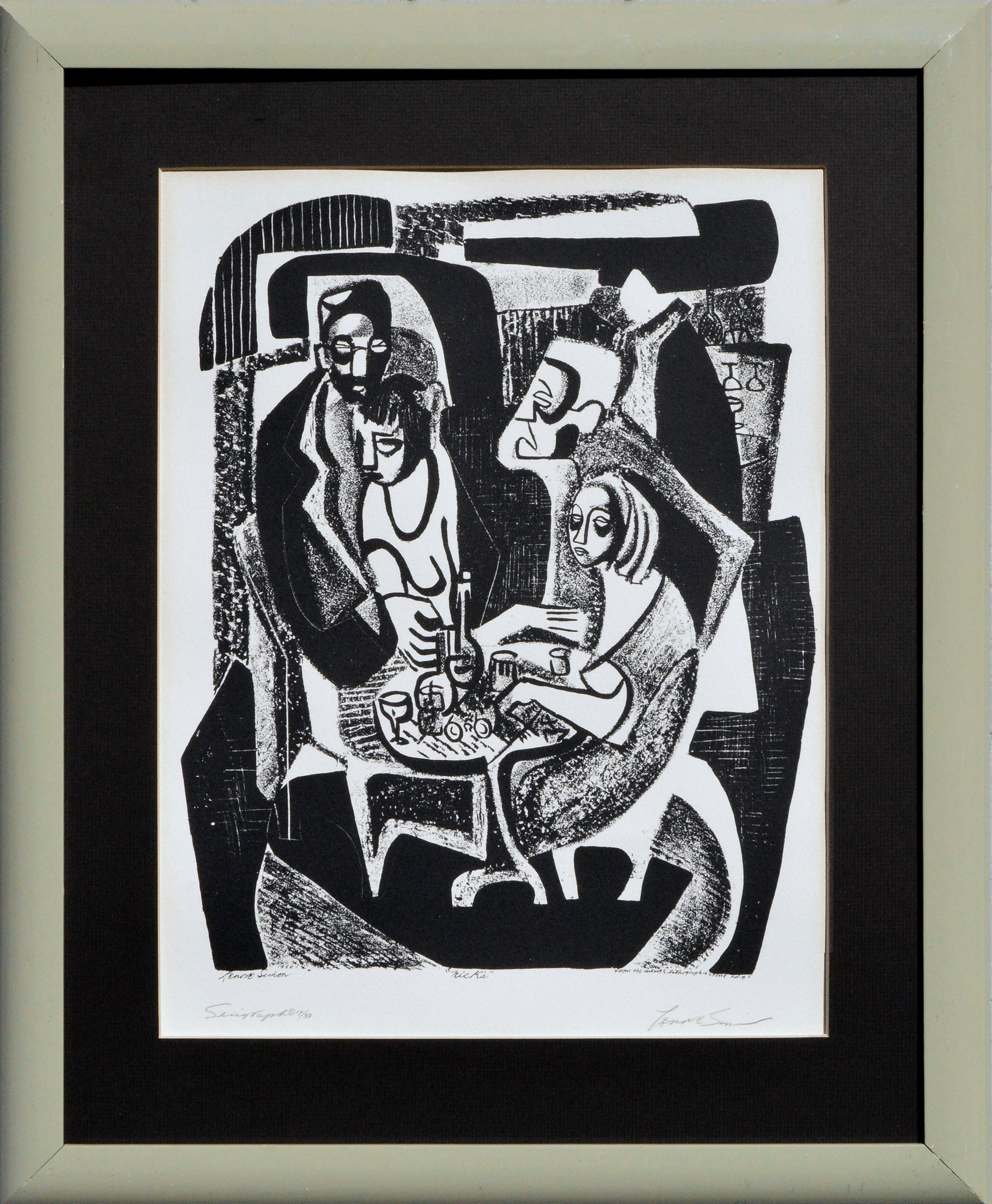 Lenore SImon Abstract Print - Nick's Coffee House in the Village - Rare Edition 1970s Modern Figurative Print