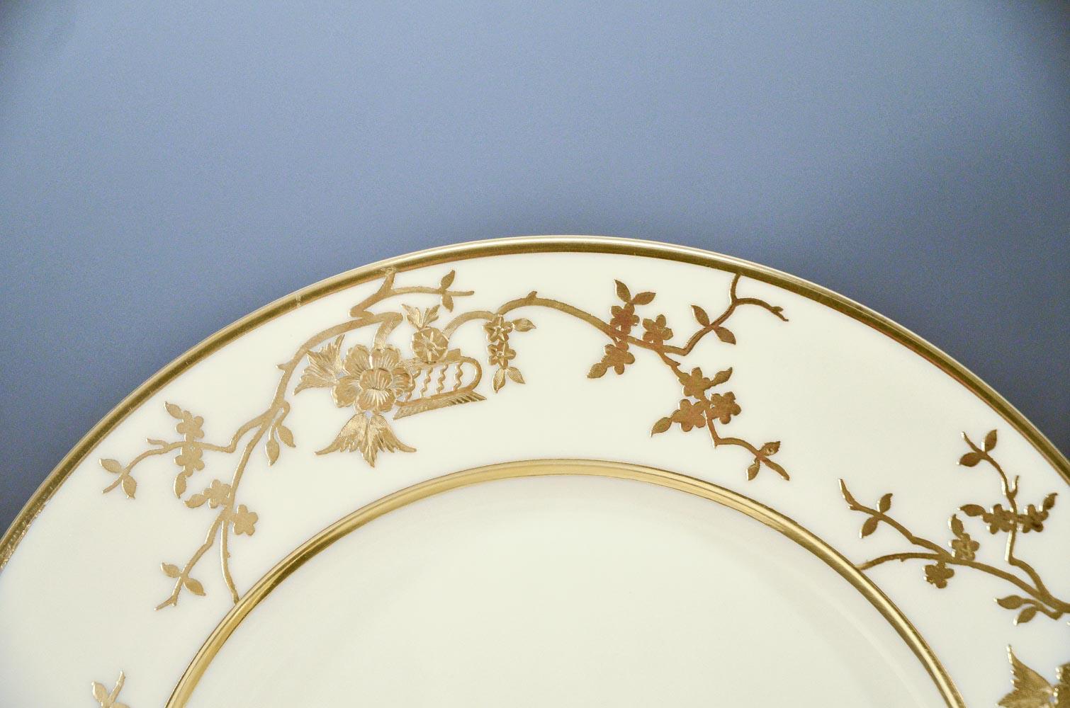 This amazing service for 12 was made by Ceramic Art Company/ Lenox ca. 1890 and features sterling silver with a gold wash overlay in an iconic 