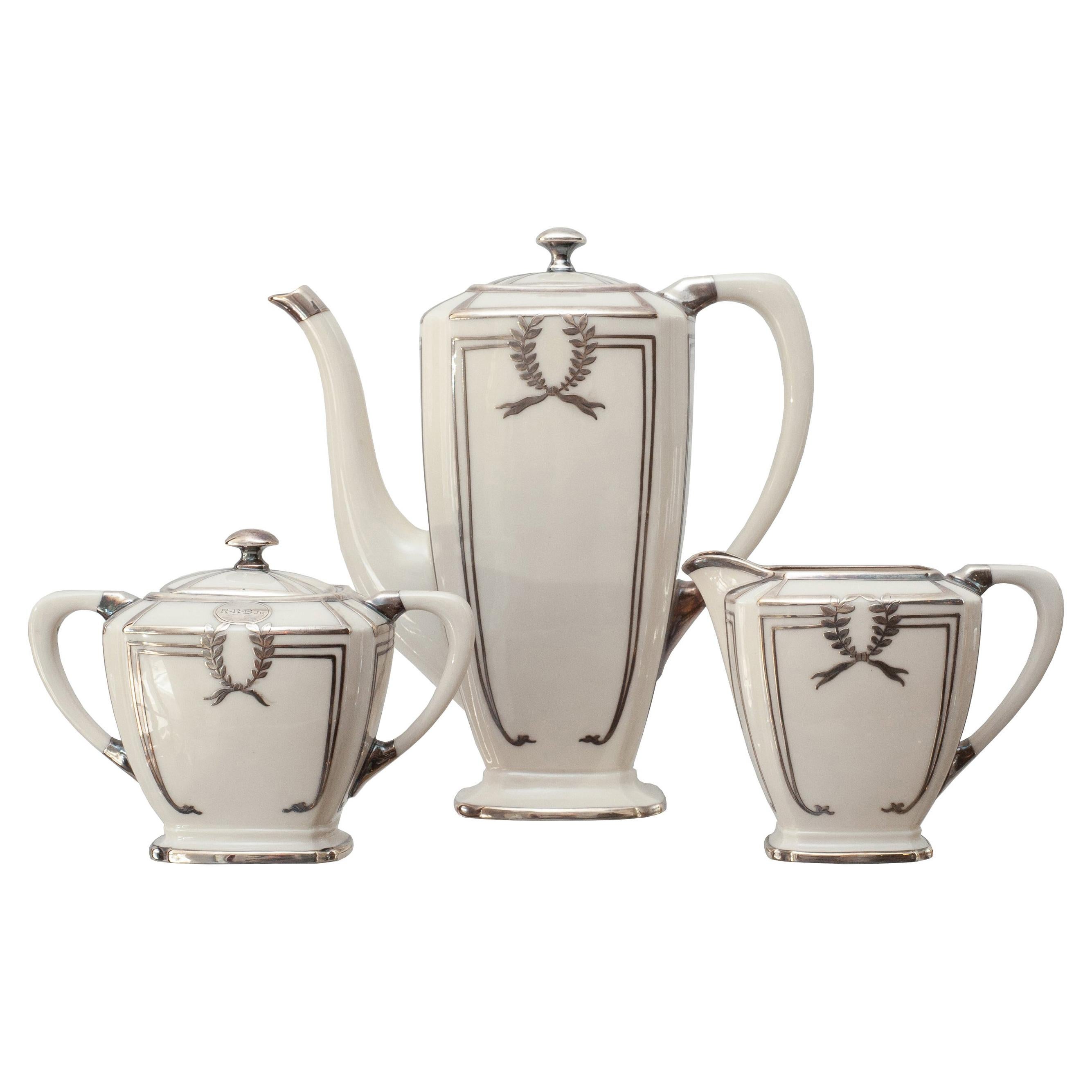 Lenox Art Deco Porcelain Three Piece Creme and Sterling Silver Coffee Set