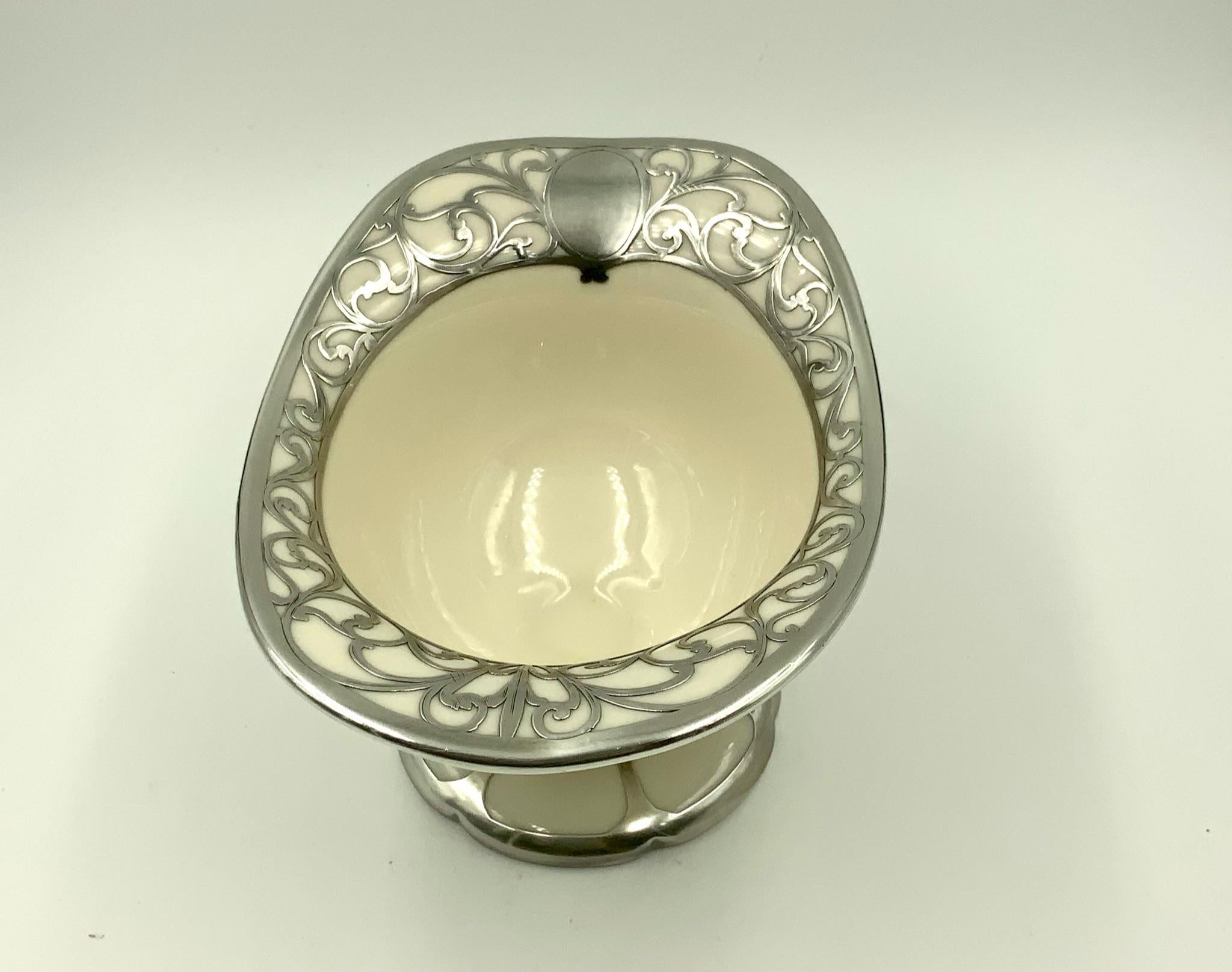 American Lenox Belleek Porcelain with Mauser Sterling Scroll Overlay Footed Gravy Bowl