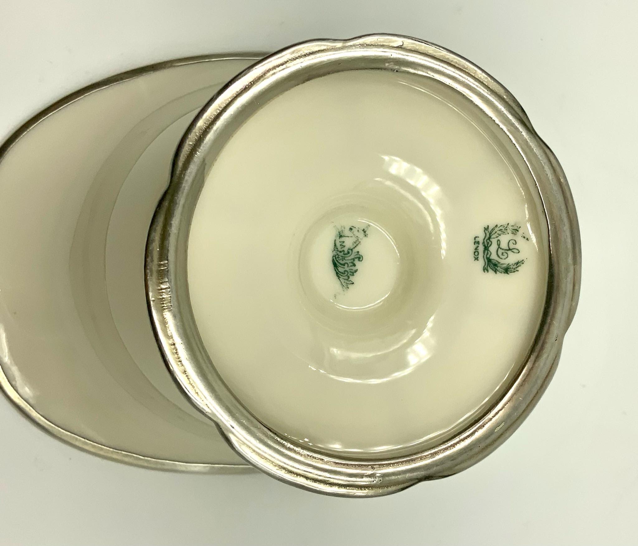 20th Century Lenox Belleek Porcelain with Mauser Sterling Scroll Overlay Footed Gravy Bowl
