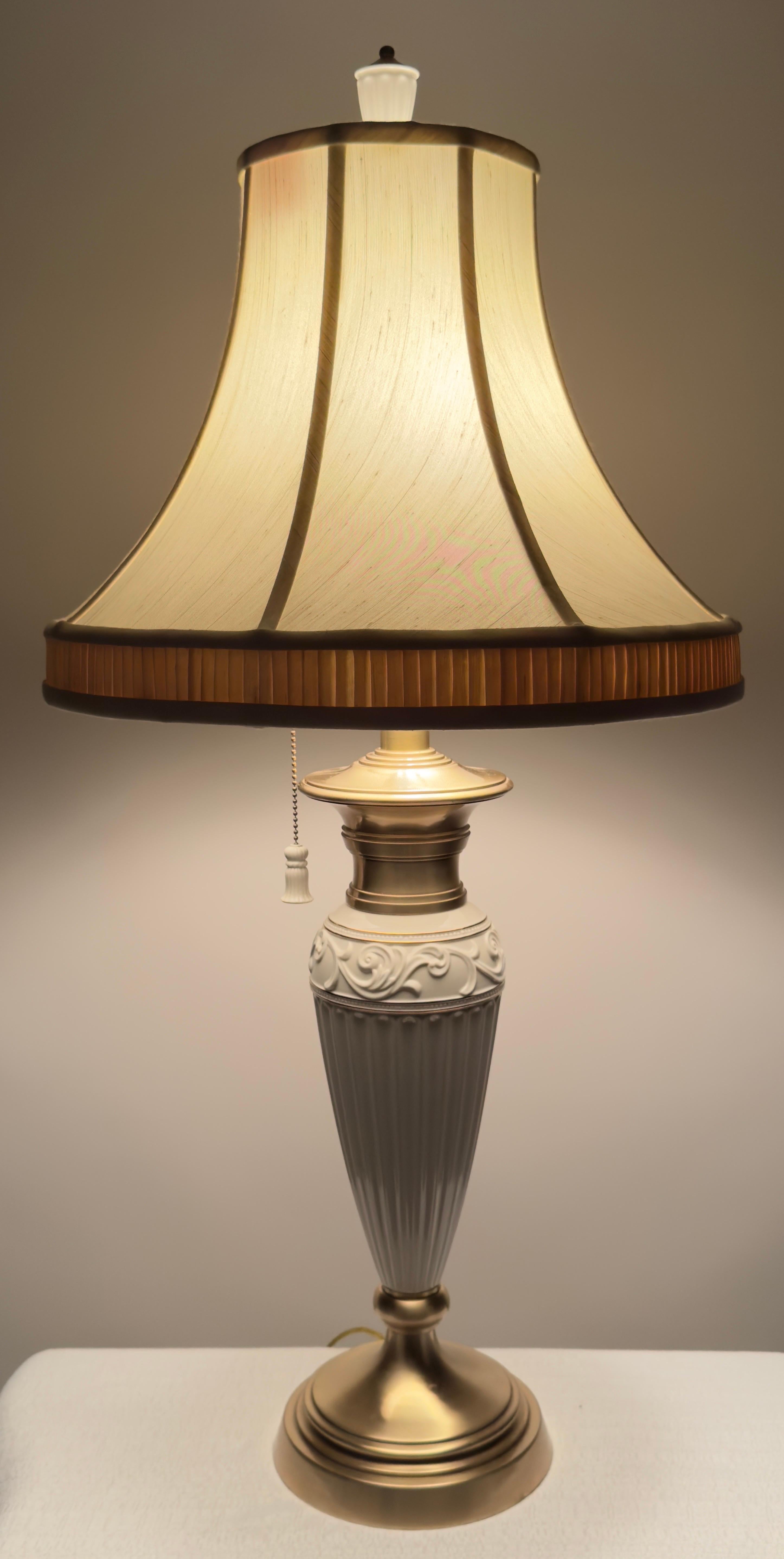 Lenox Empire Style Fluted Column White Porcelain & Brass Table Lamp, a Pair 7