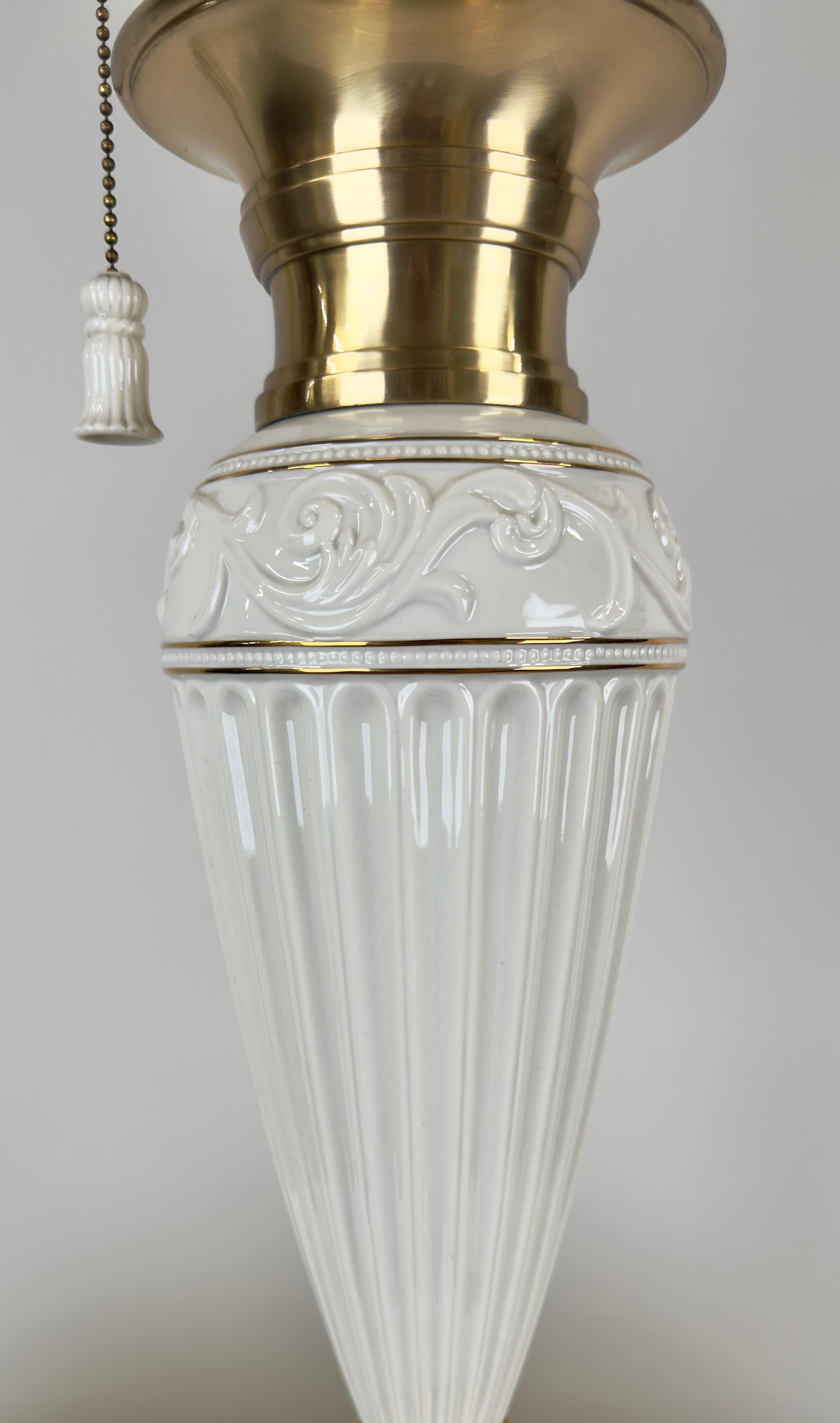 American Empire Lenox Empire Style Fluted Column White Porcelain & Brass Table Lamp, a Pair