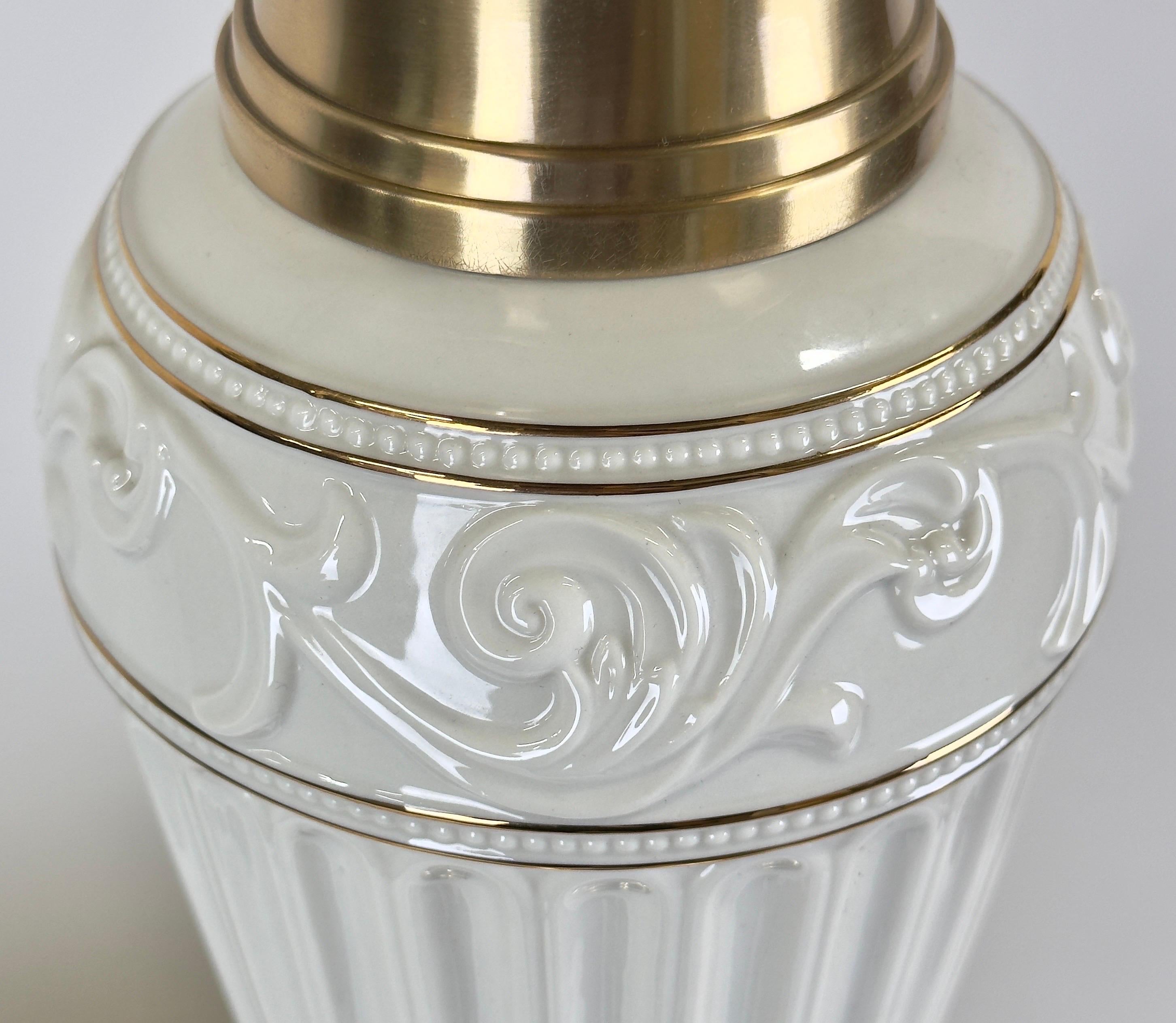 American Lenox Empire Style Fluted Column White Porcelain & Brass Table Lamp, a Pair
