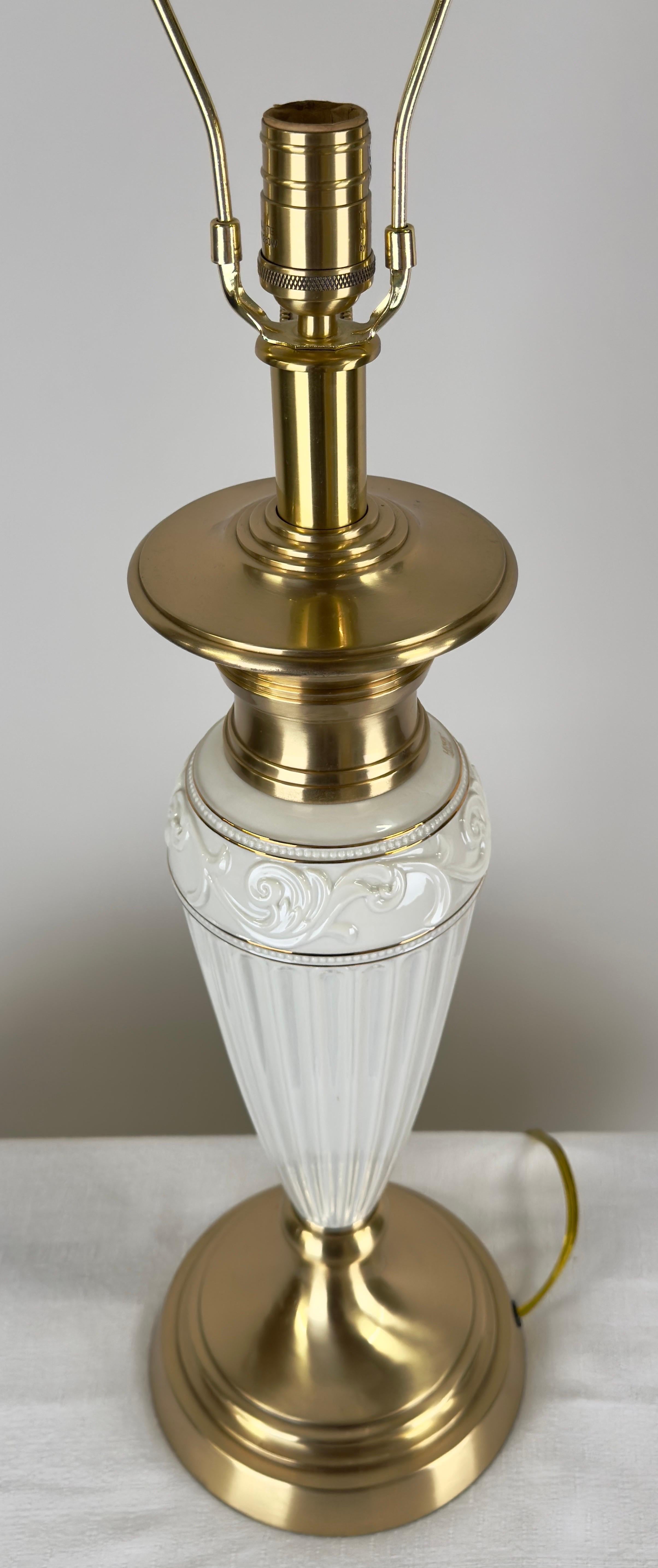 Lenox Empire Style Fluted Column White Porcelain & Brass Table Lamp, a Pair In Good Condition In Plainview, NY