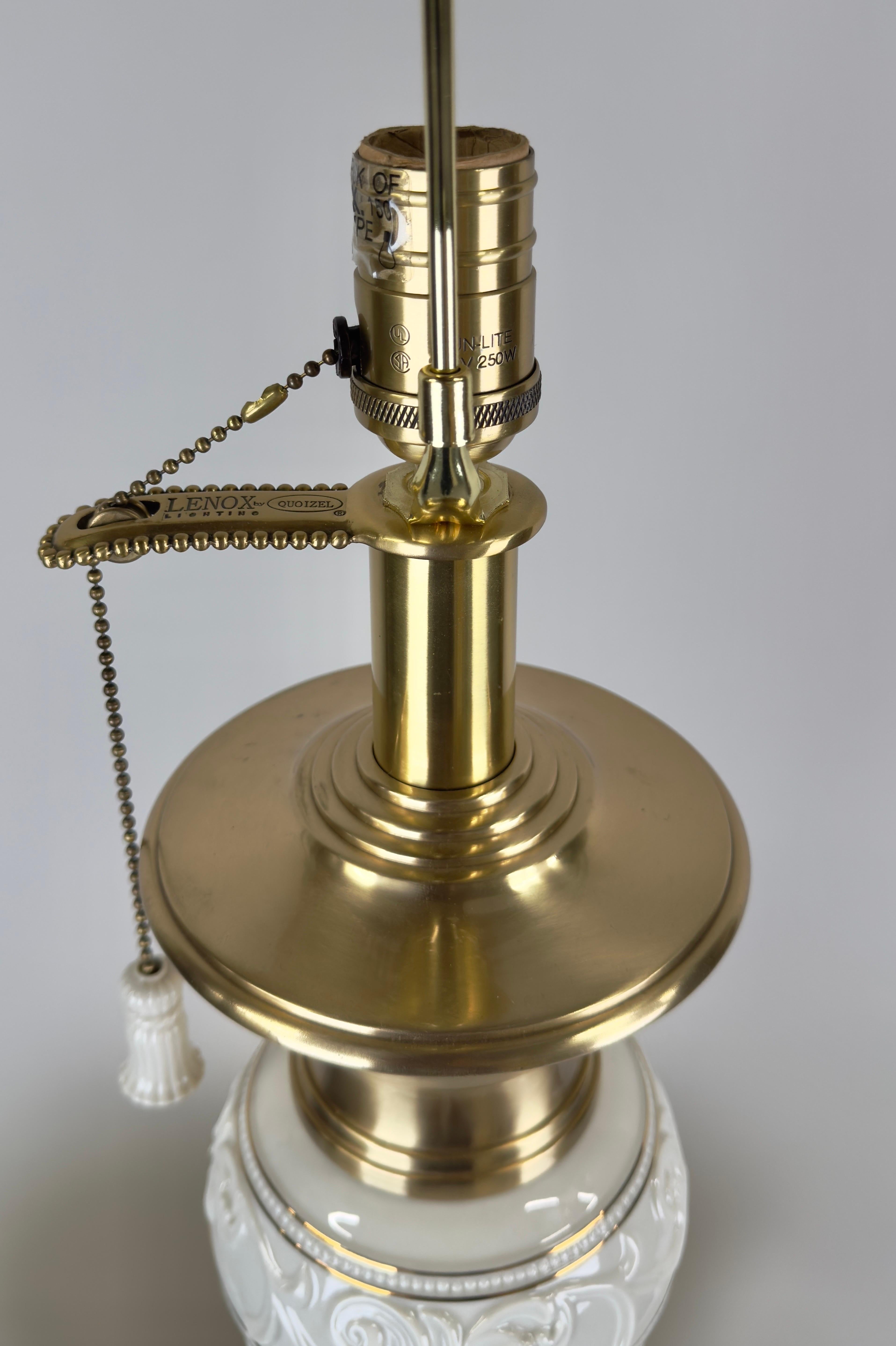 20th Century Lenox Empire Style Fluted Column White Porcelain & Brass Table Lamp, a Pair