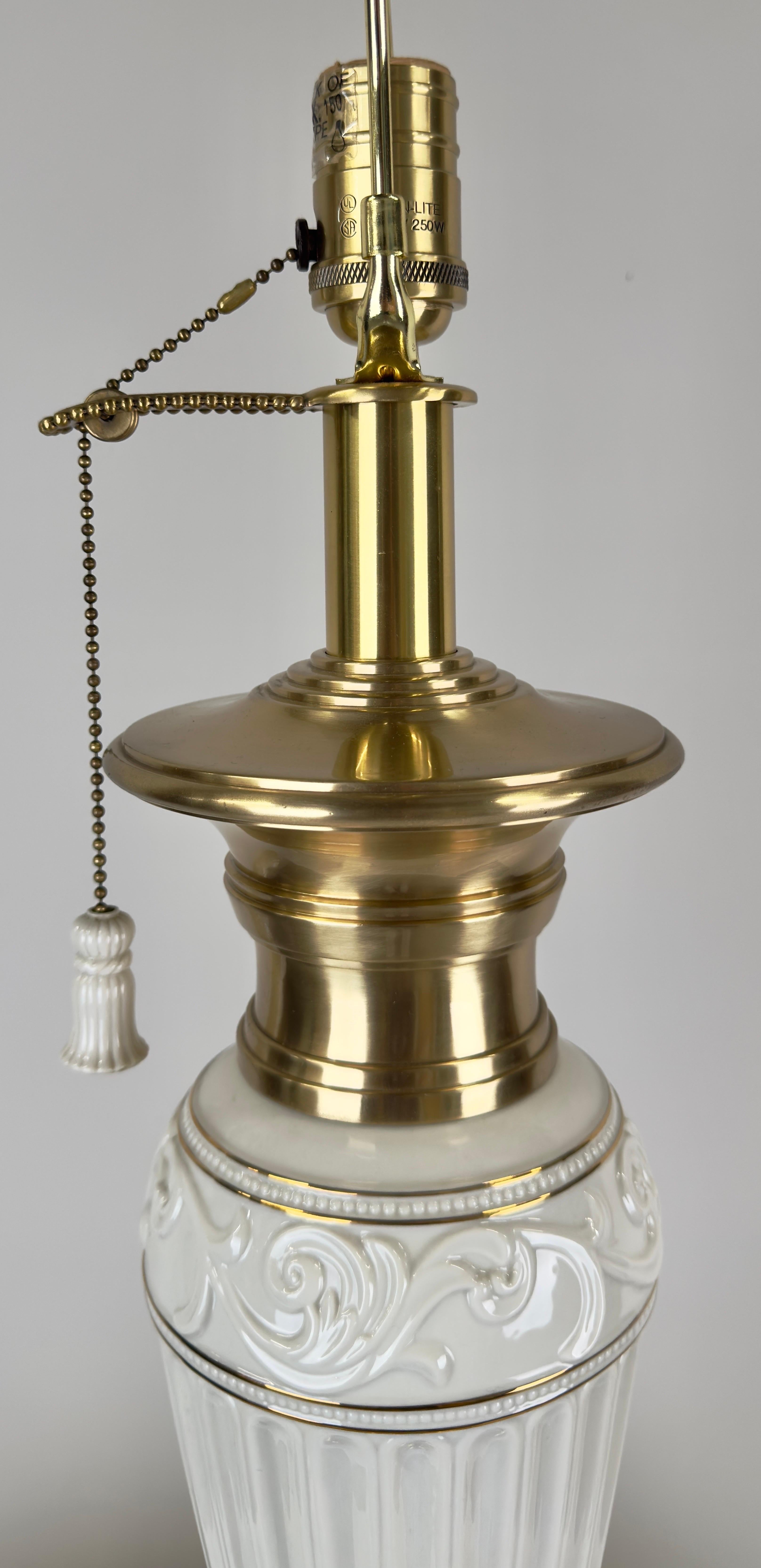 Lenox Empire Style Fluted Column White Porcelain & Brass Table Lamp, a Pair 2