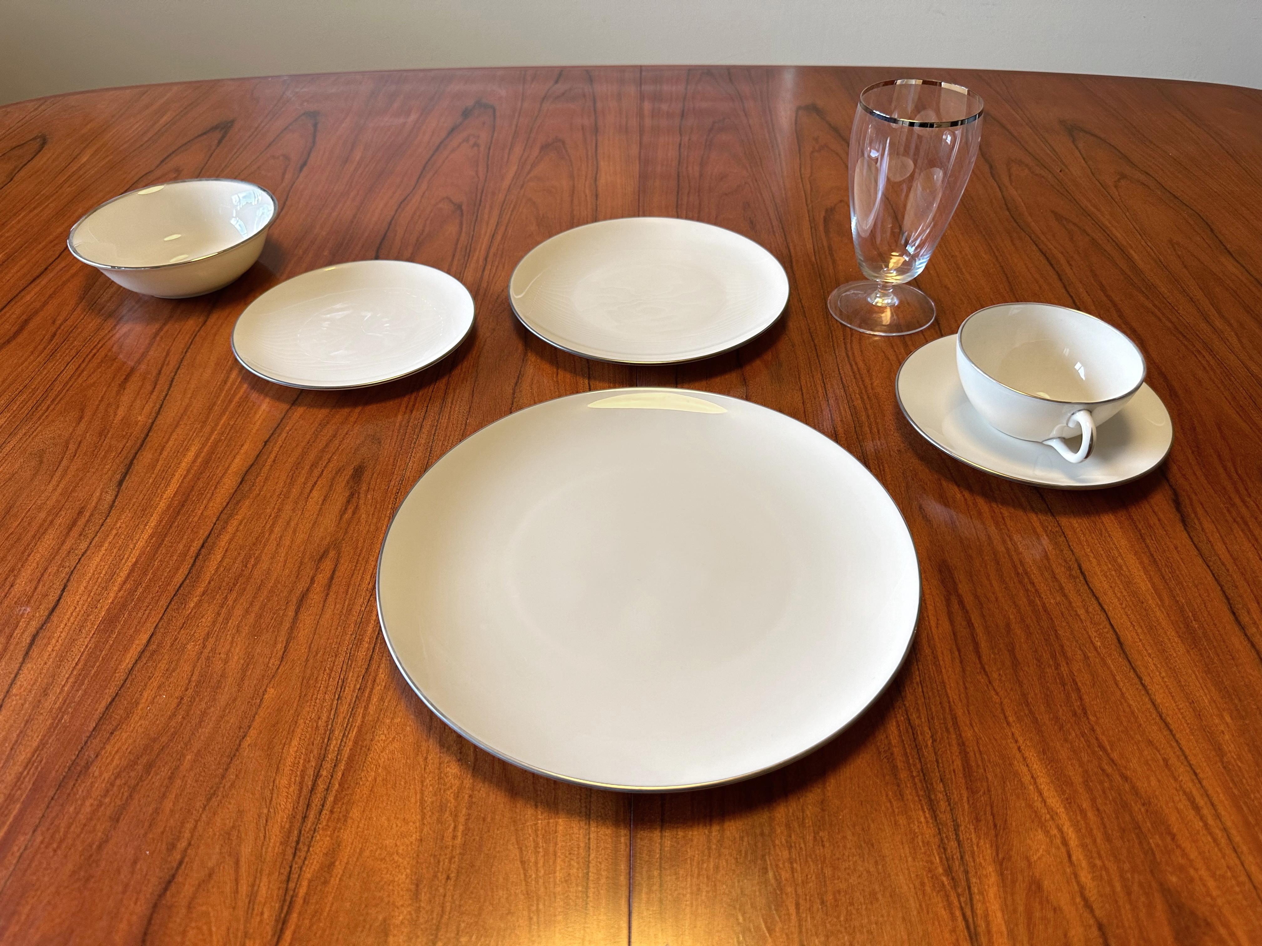 Mid-Century Modern Lenox Olympia Platinum 12 Place Settings, Serving Pieces and Fostoria Goblets For Sale