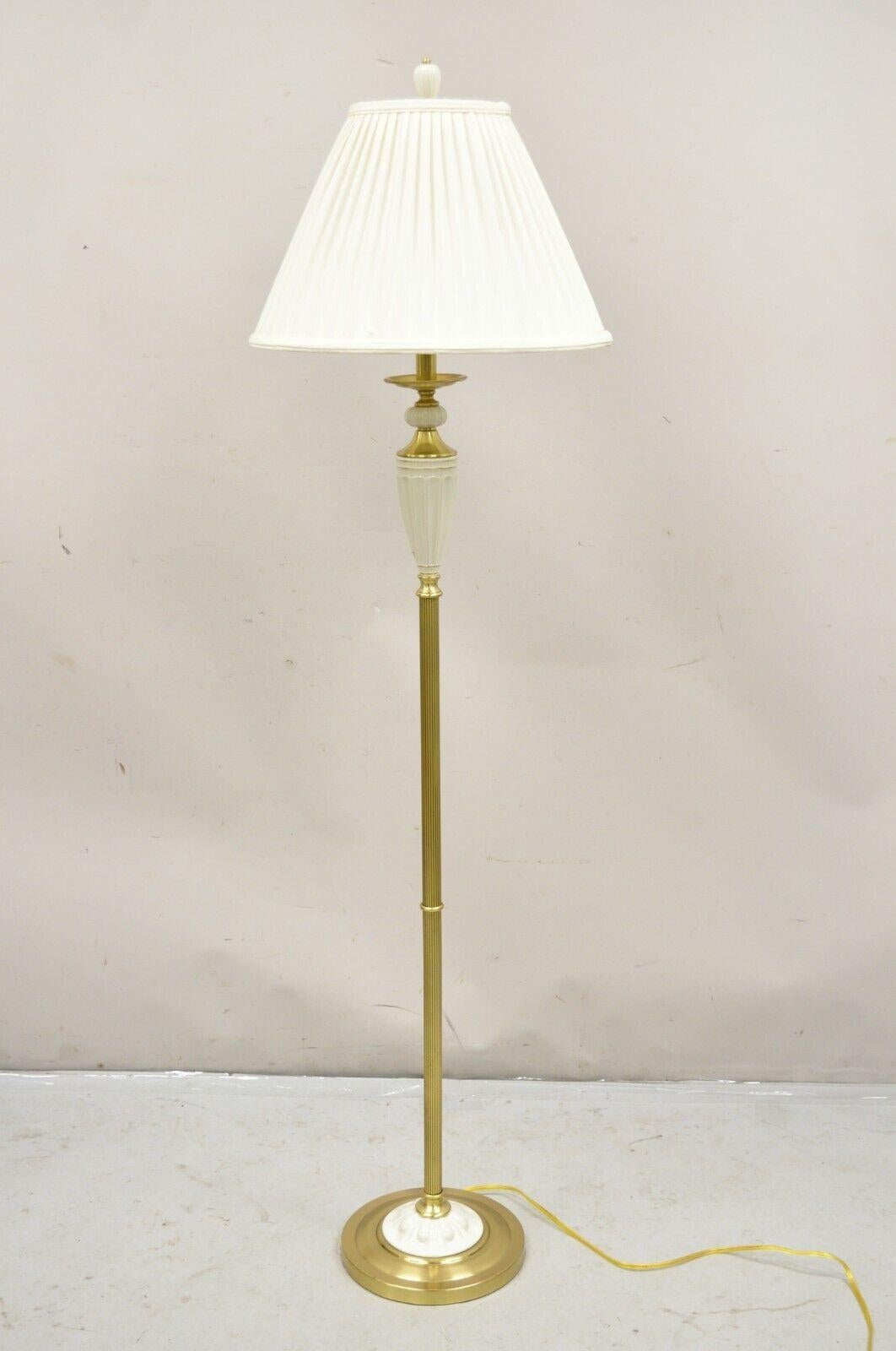 Lenox Quoizel White Porcelain Brass Candlestick Pole Floor Lamp with Original Cloth Shade. Circa Late 20th Century.
Measurements: 
Lamp: 62.5