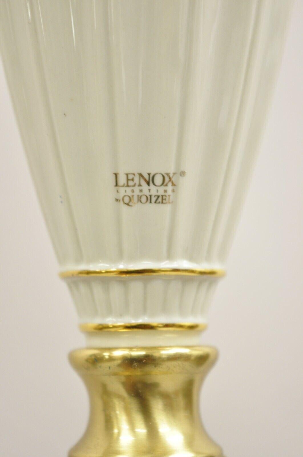 Lenox Quoizel White Porcelain Brass Candlestick Pole Floor Lamp with Shade In Good Condition In Philadelphia, PA