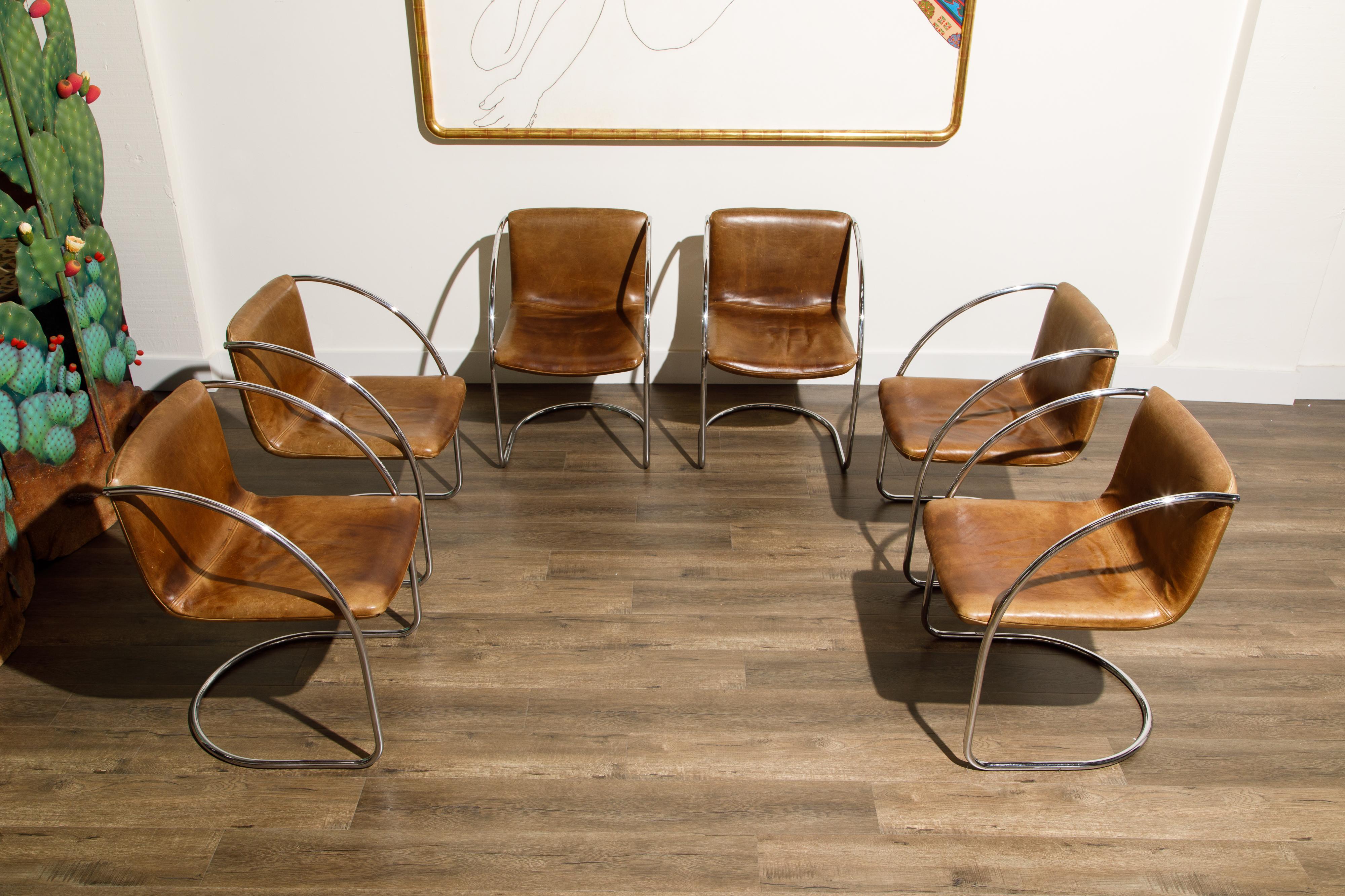 Steel 'Lens' Leather Chairs by Giovanni Offredi for Saporiti Italia, c. 1968, Signed