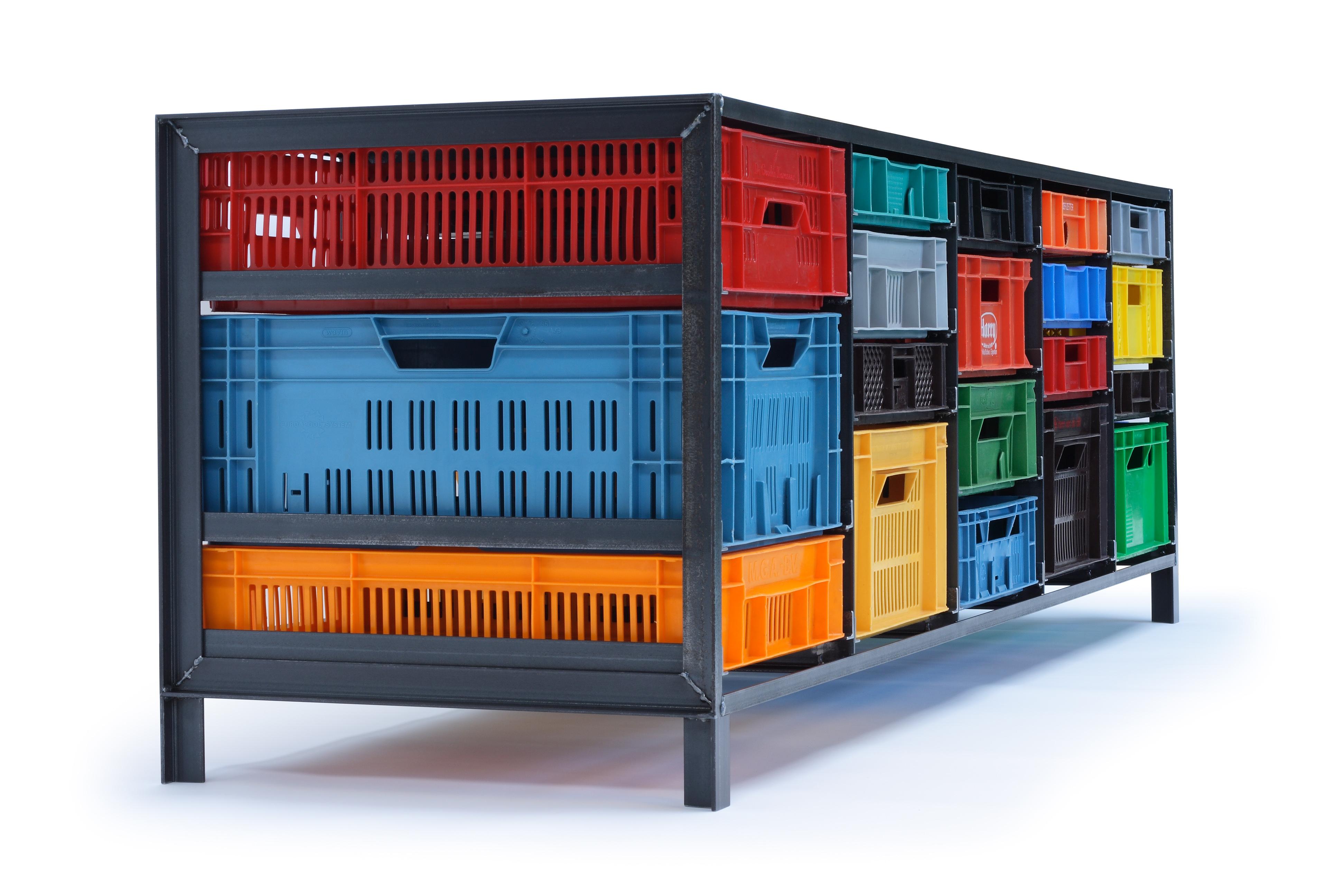 The series of cabinets, Krattenkast (crates cabinet), is a simple design concept: a steel frame with multicolored, second hand crates, which act as drawers in the steel construction. Although each crate is a different color, height and has