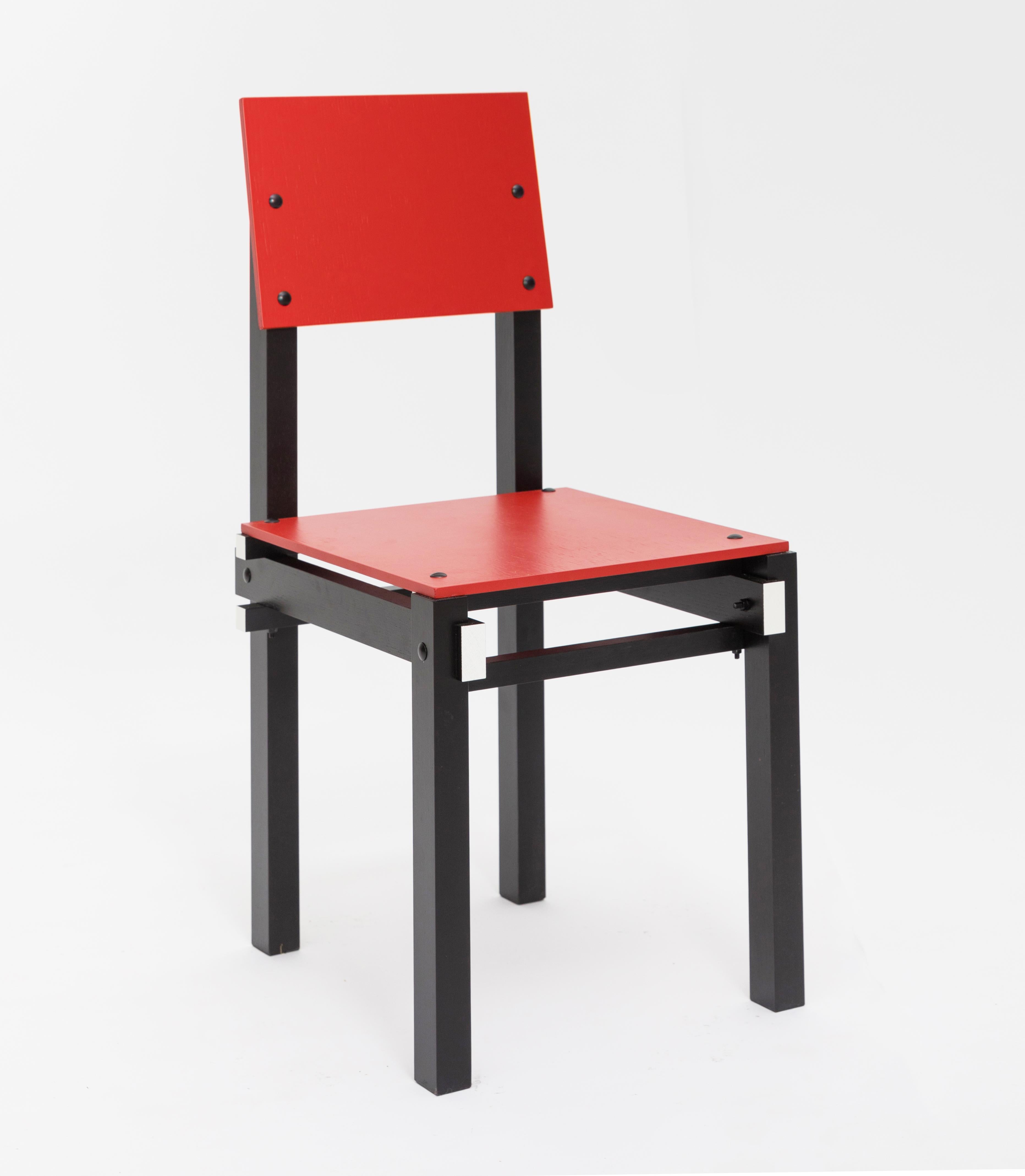Chair

The Rietveld military furniture was designed in 1923 by Gerrit Rietveld for a Catholic Military Home in Utrecht, the Netherlands. The Military series was the first to use nuts and bolts instead of wooden dowels. The military furniture was