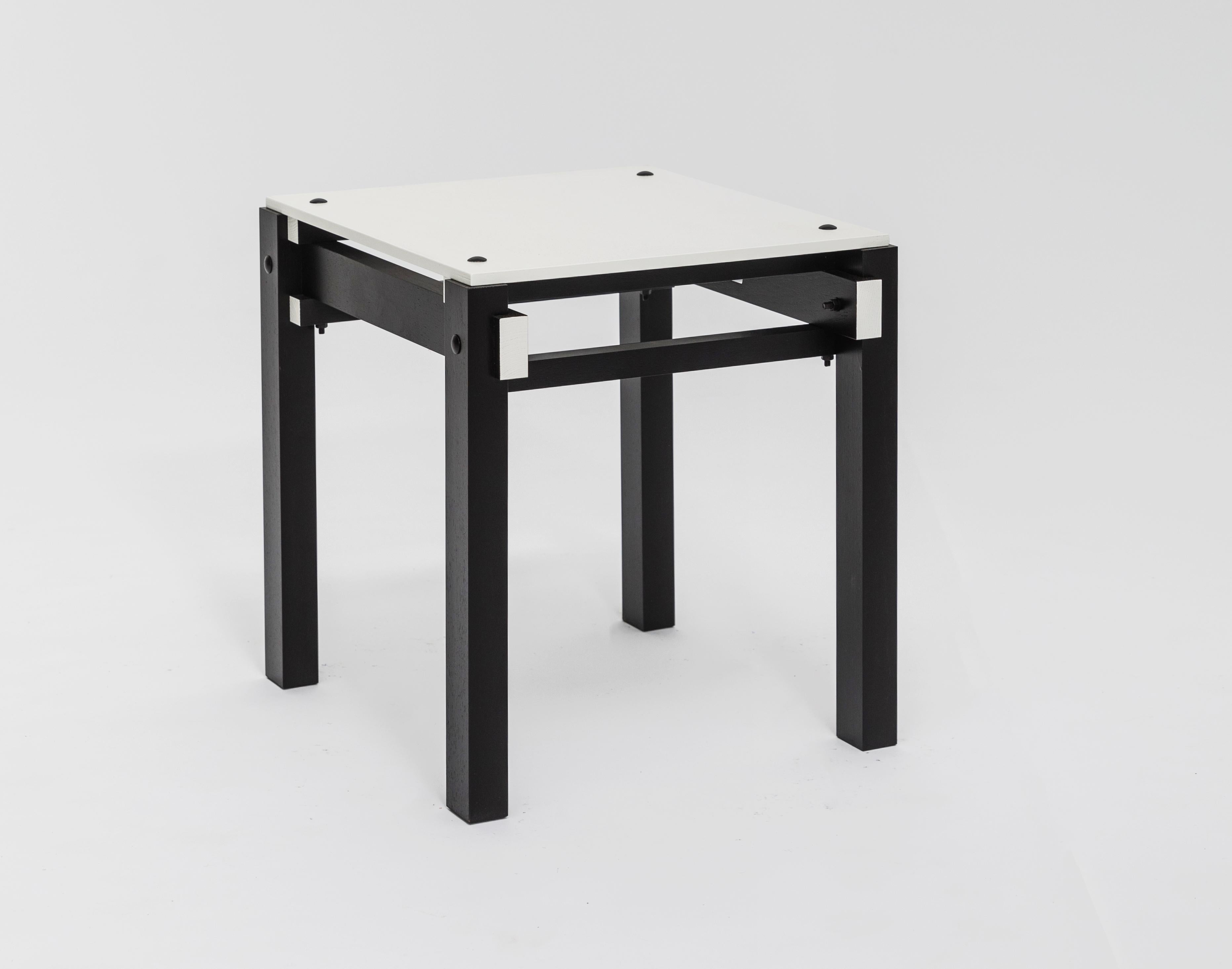 Stool or side table

The Rietveld military furniture was designed in 1923 by Gerrit Rietveld for a Catholic Military Home in Utrecht, the Netherlands. The Military series was the first to use nuts and bolts instead of wooden dowels. The military