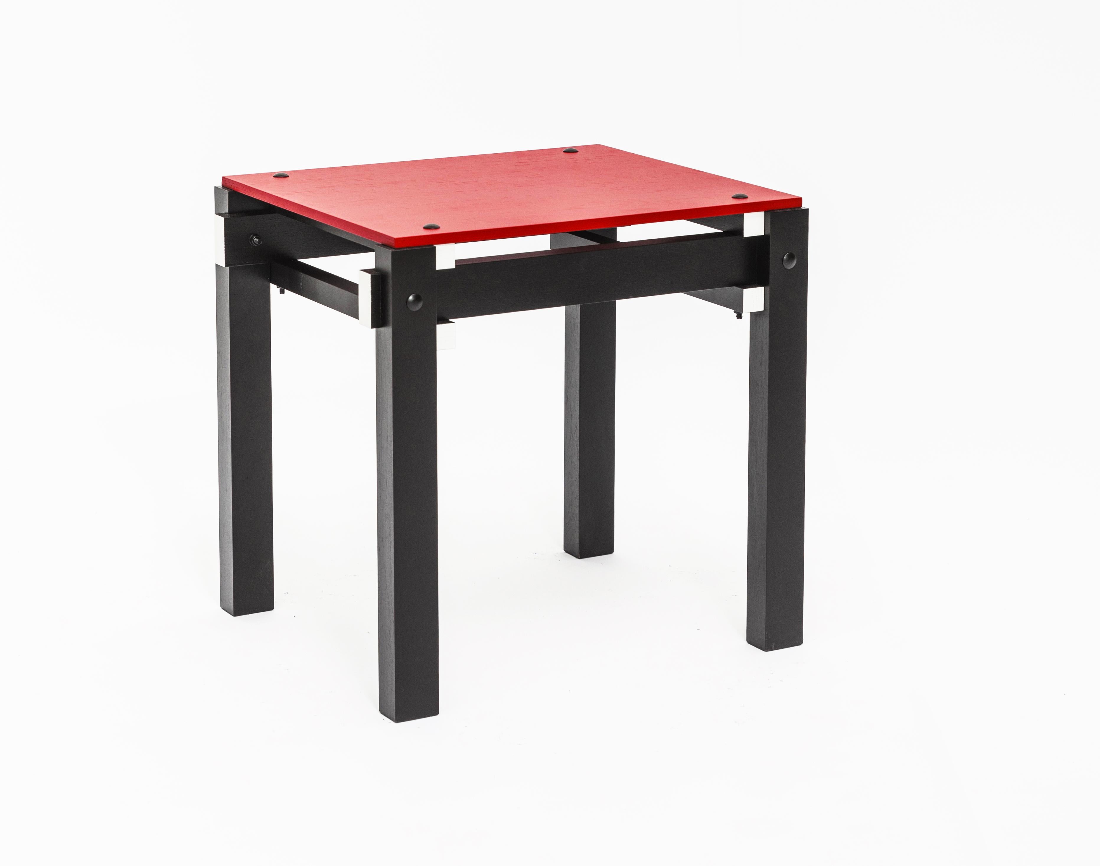 Stool / side table

The Rietveld Military Furniture was designed in 1923 by Gerrit Rietveld for a Catholic Military Home in Utrecht, the Netherlands. The Military series was the first to use nuts and bolts instead of wooden dowels. The military