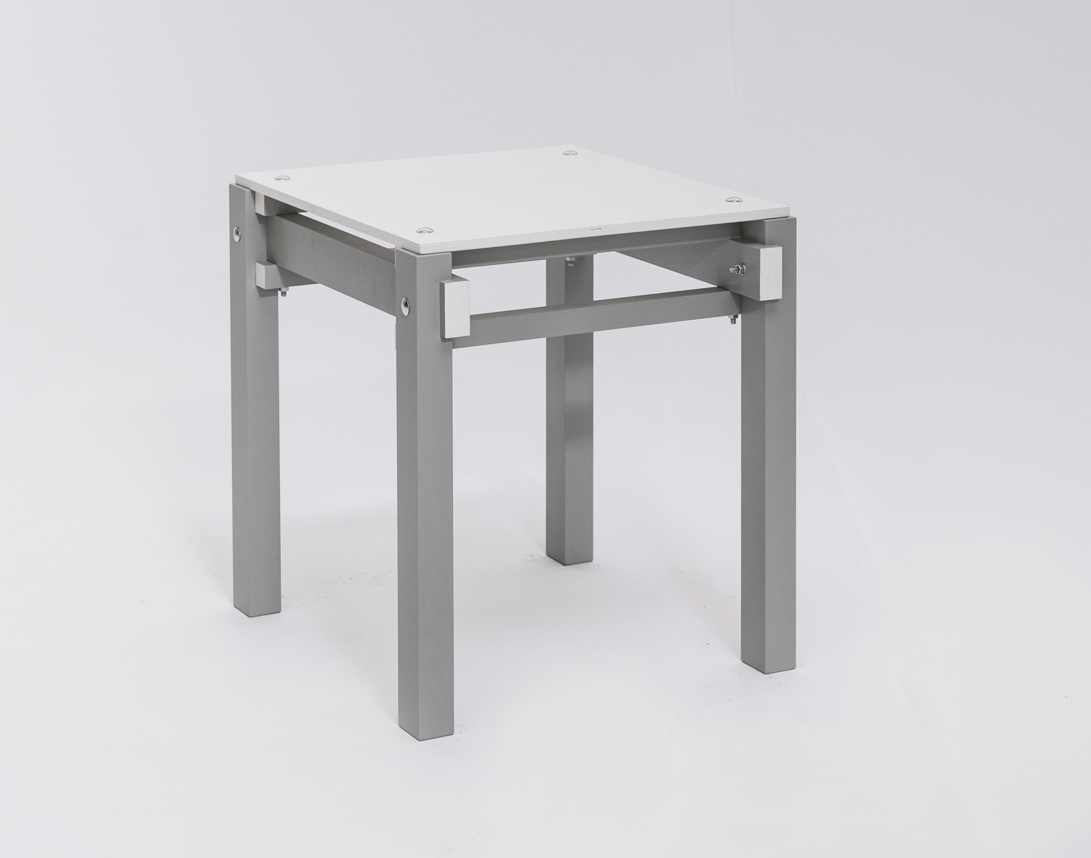 Stool or side table

The Rietveld military furniture was designed in 1923 by Gerrit Rietveld for a Catholic Military Home in Utrecht, the Netherlands. The Military series was the first to use nuts and bolts instead of wooden dowels. The military