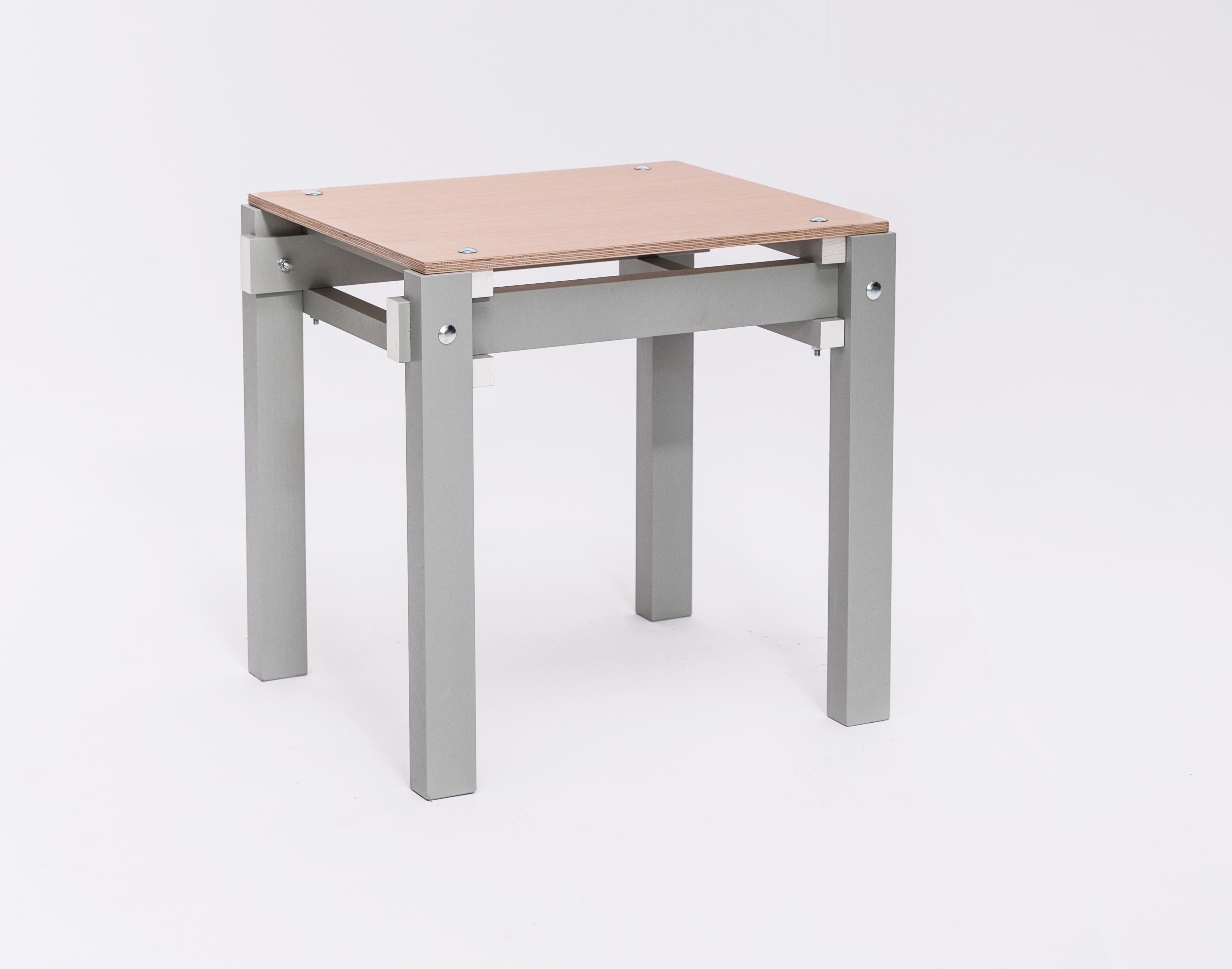 Stool / side table

The Rietveld Military furniture was designed in 1923 by Gerrit Rietveld for a Catholic Military Home in Utrecht, the Netherlands. The Military series was the first to use nuts and bolts instead of wooden dowels. The military