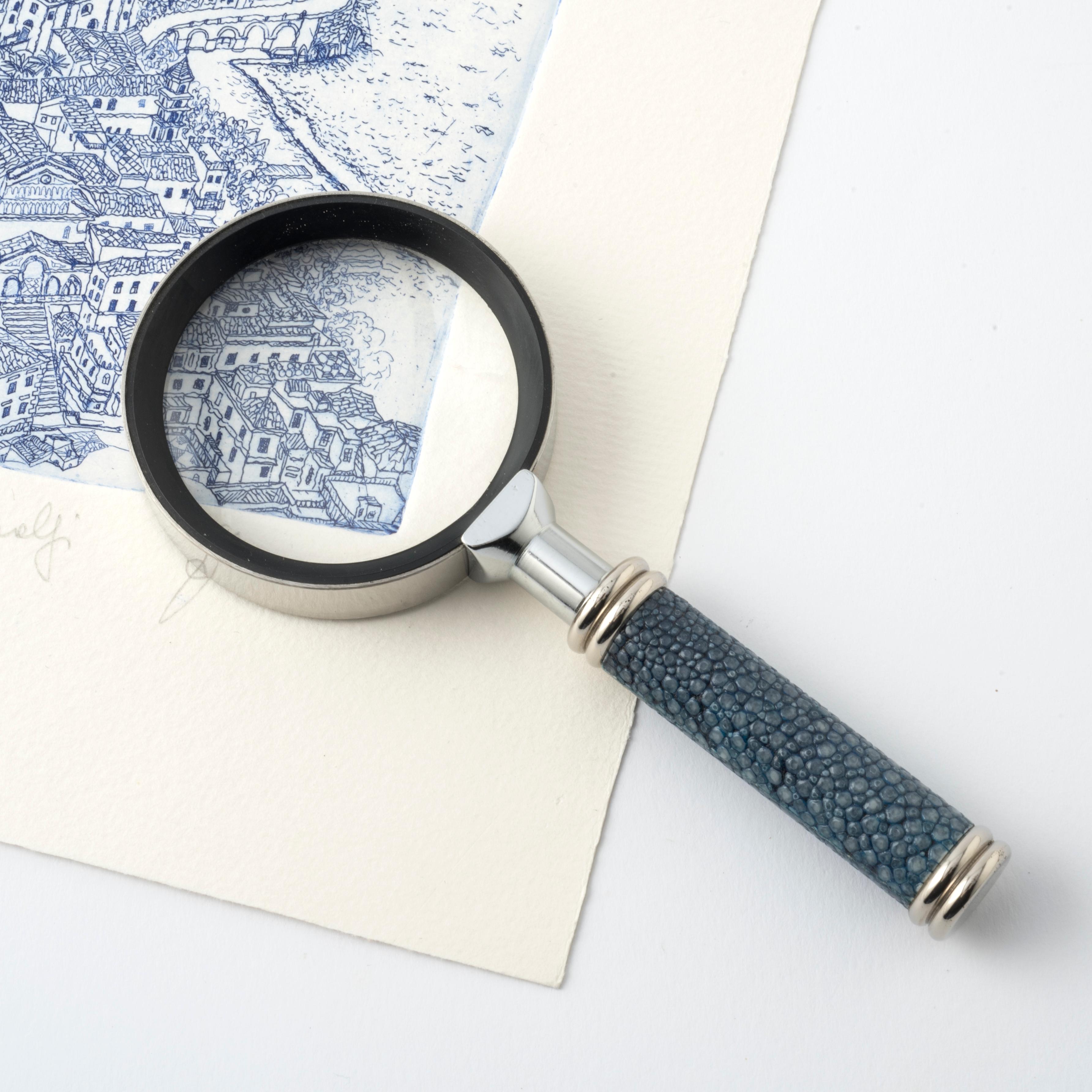 Modern Elegant Blue Shagreen Leather Magnifying Glass - GALUCHARME Collection For Sale