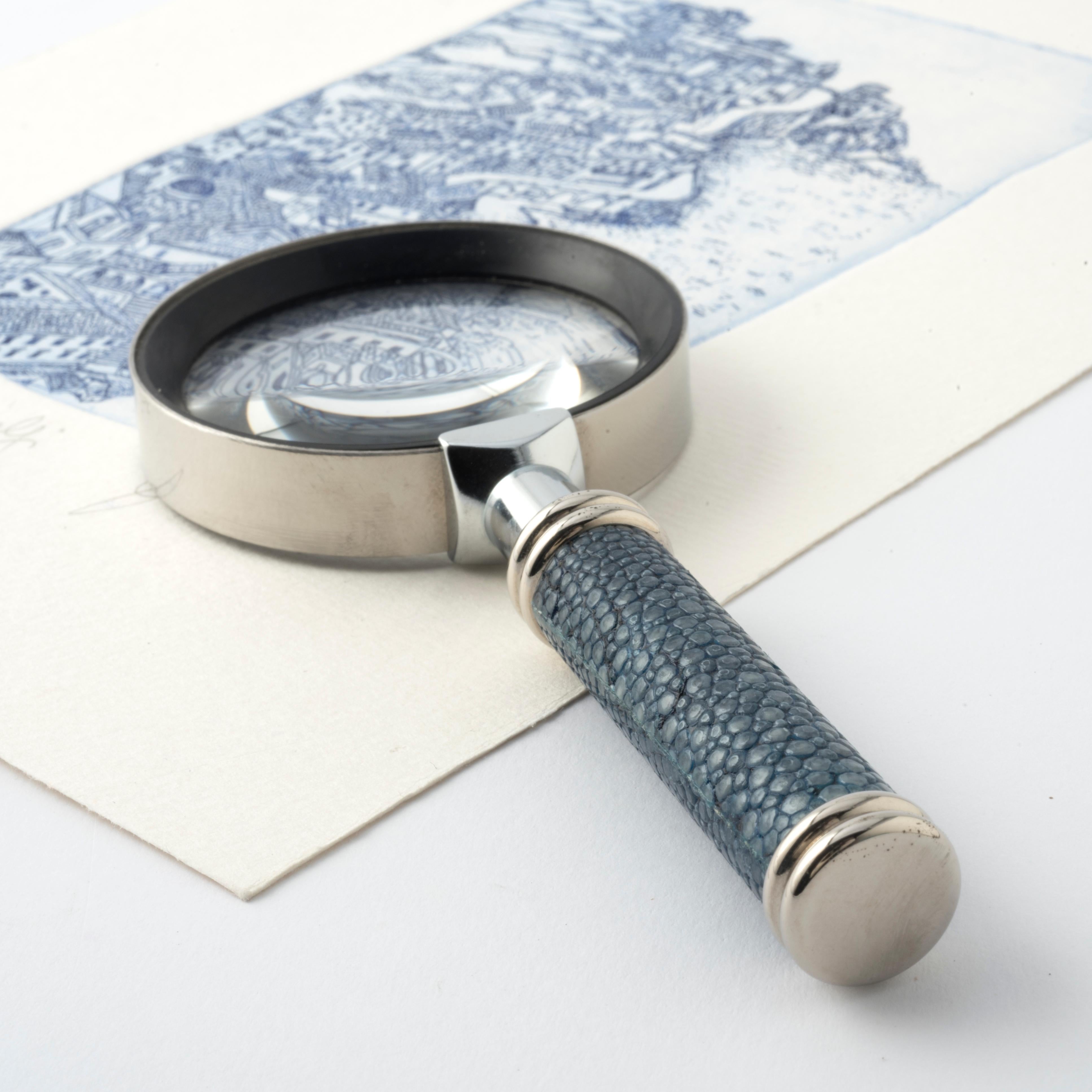 Italian Elegant Blue Shagreen Leather Magnifying Glass - GALUCHARME Collection For Sale