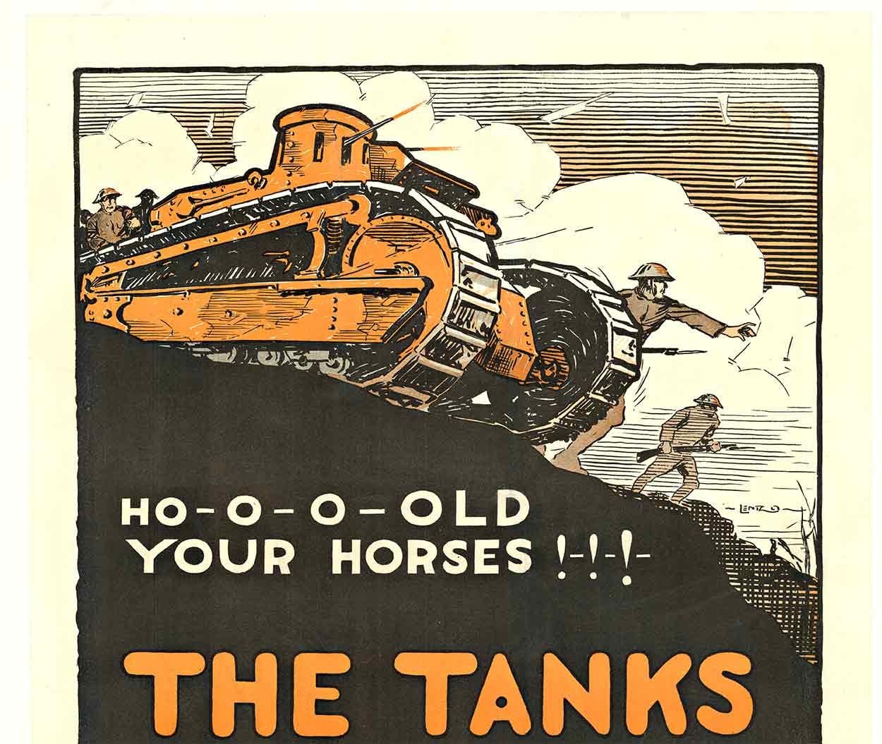 Original ¡Vienen los tanques! ¡Detened los tanques! cartel vintage de la Primera Guerra Mundial. - Print de Lenz