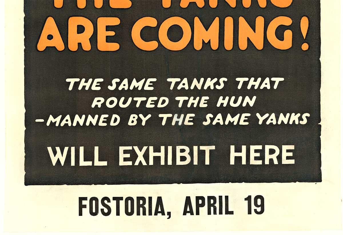 Original ¡Vienen los tanques! ¡Detened los tanques! cartel vintage de la Primera Guerra Mundial. - Print realista estadounidense de Lenz