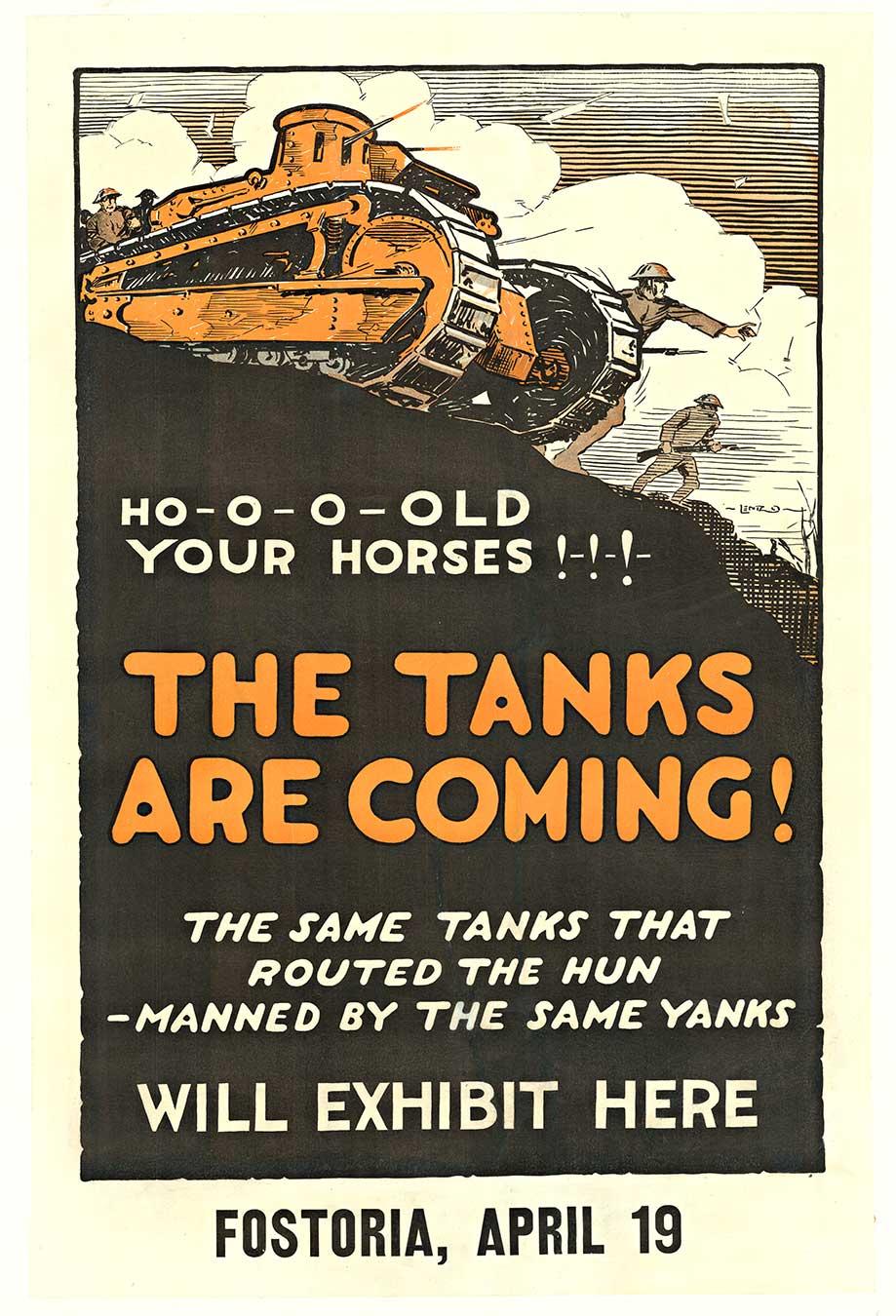 I carri armati originali stanno arrivando! Fermate i carri armati! poster d'epoca della Prima Guerra Mondiale.