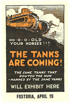 Original ¡Vienen los tanques! ¡Detened los tanques! cartel vintage de la Primera Guerra Mundial.