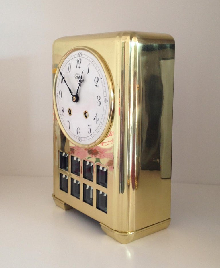 Beveled Art Deco German Brass Mantel Clock, by Lenzkirch, circa 1920 For Sale