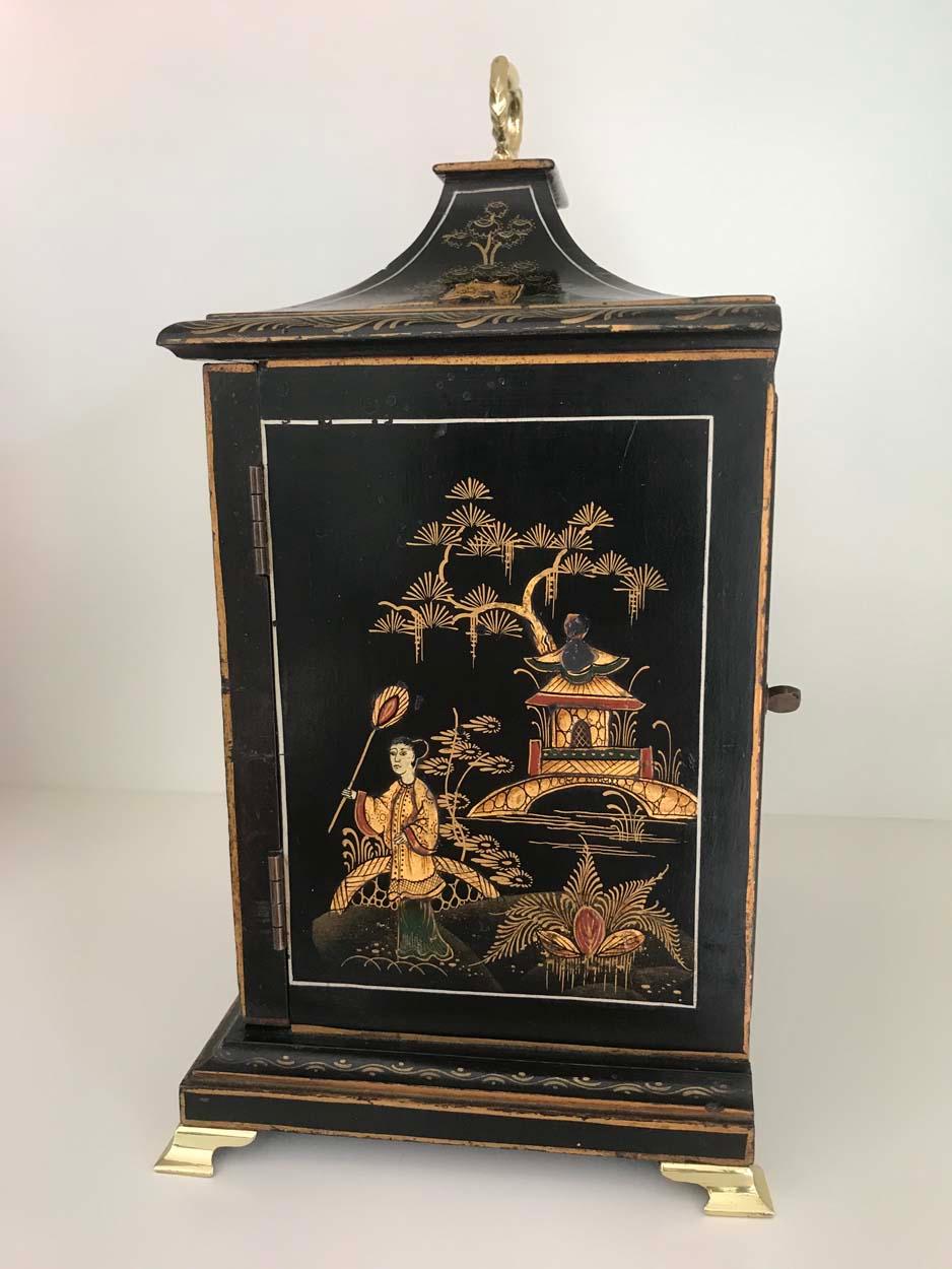 German Lenzkirch Black Chinoiserie Georgian Style Three Train Musical Clock, 19thC