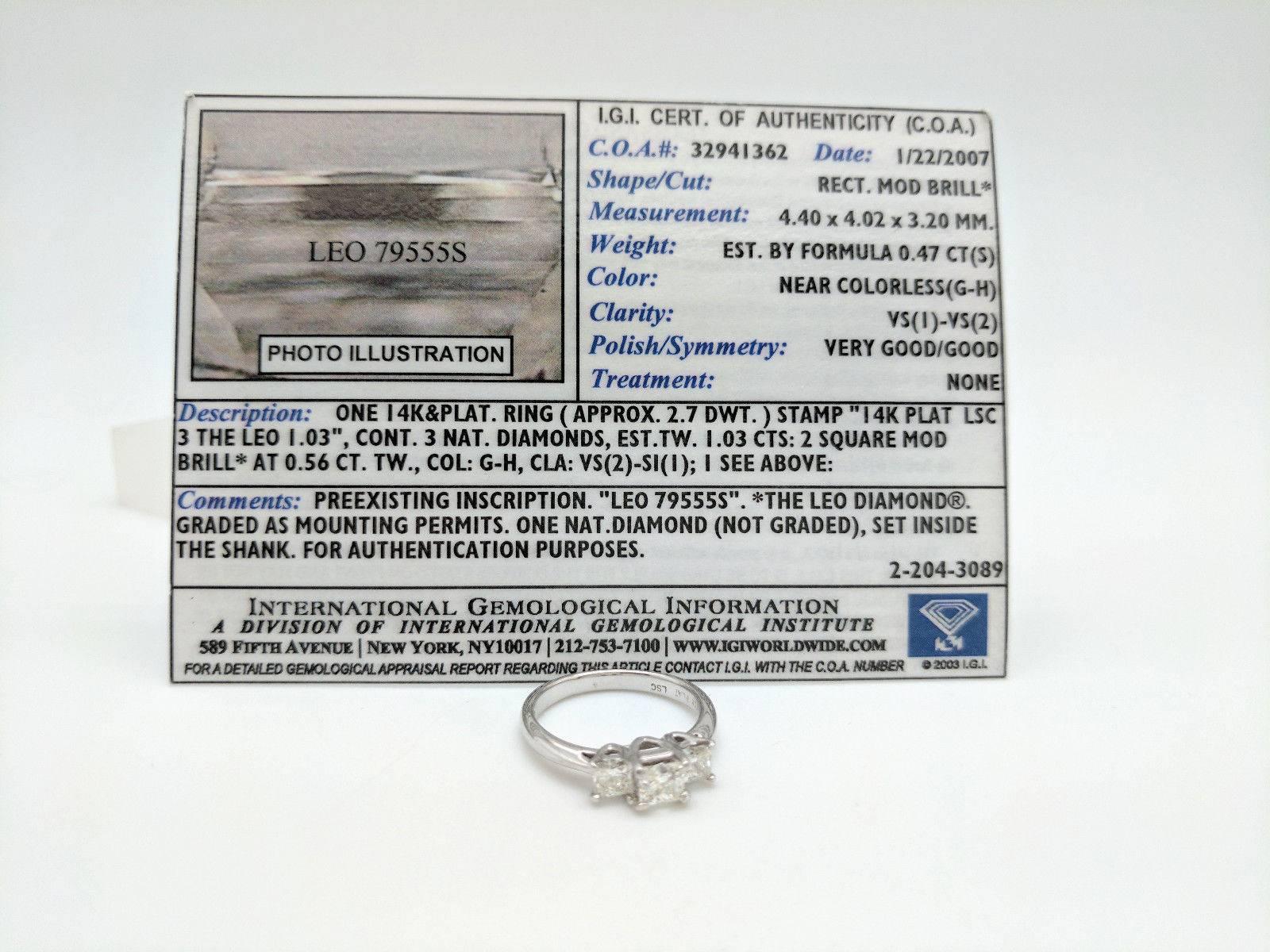LEO 14K & Platinum Princess Cut 3-Stone 1.03CTW Diamond Engagement Ring IGI CERT For Sale 2