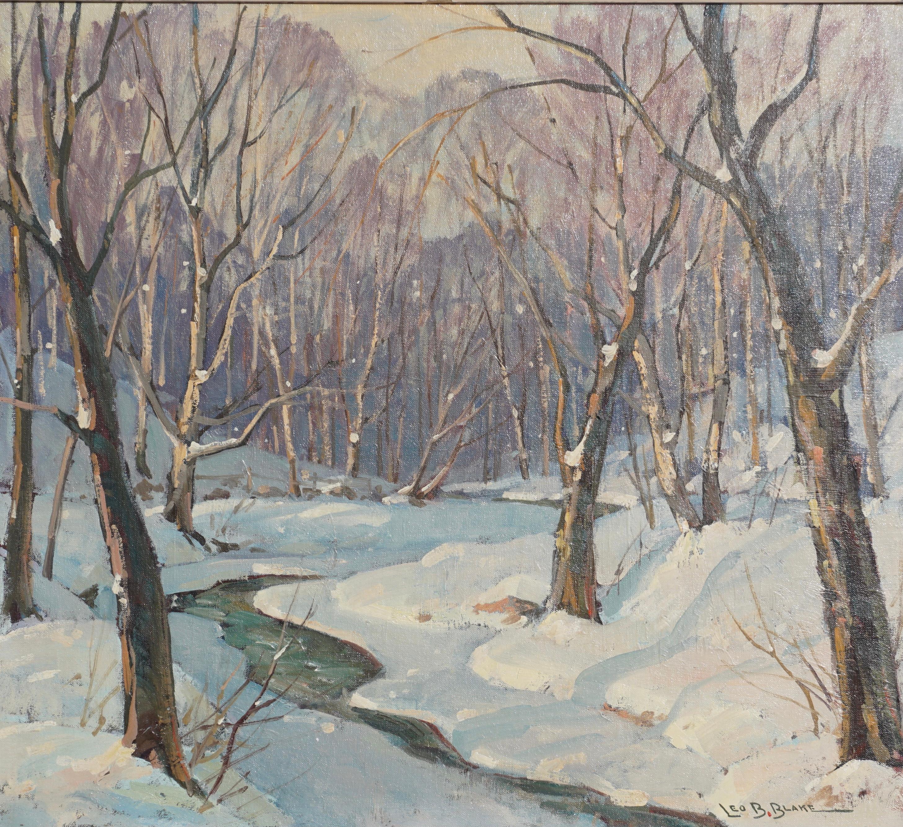 Winter Stream, New England, Impressionist Leo B. Blake. This winter snow river and birch tree landscape scene is reminiscent of Gruppe’s Vermont or New Hampshire pieces. The white snow is piled high and fresh with overcast skies over the