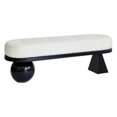 Leo Bench, Ivory Bouclé & Wood Bench by Christian Siriano