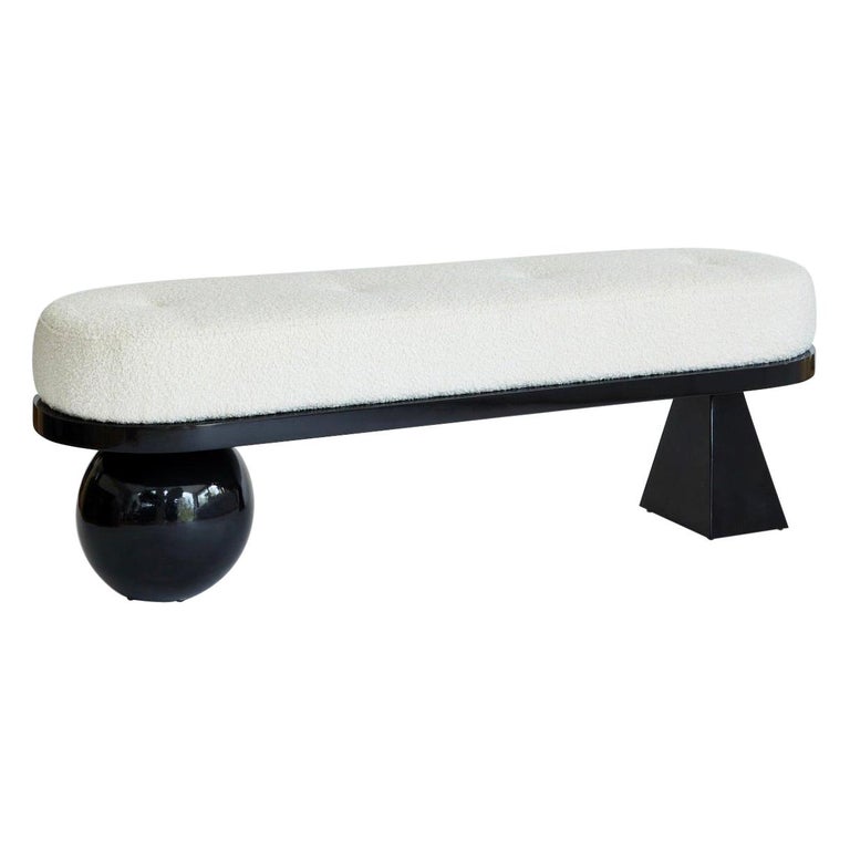 Leo Bench, Ivory Bouclé & Wood Bench by Christian Siriano For Sale