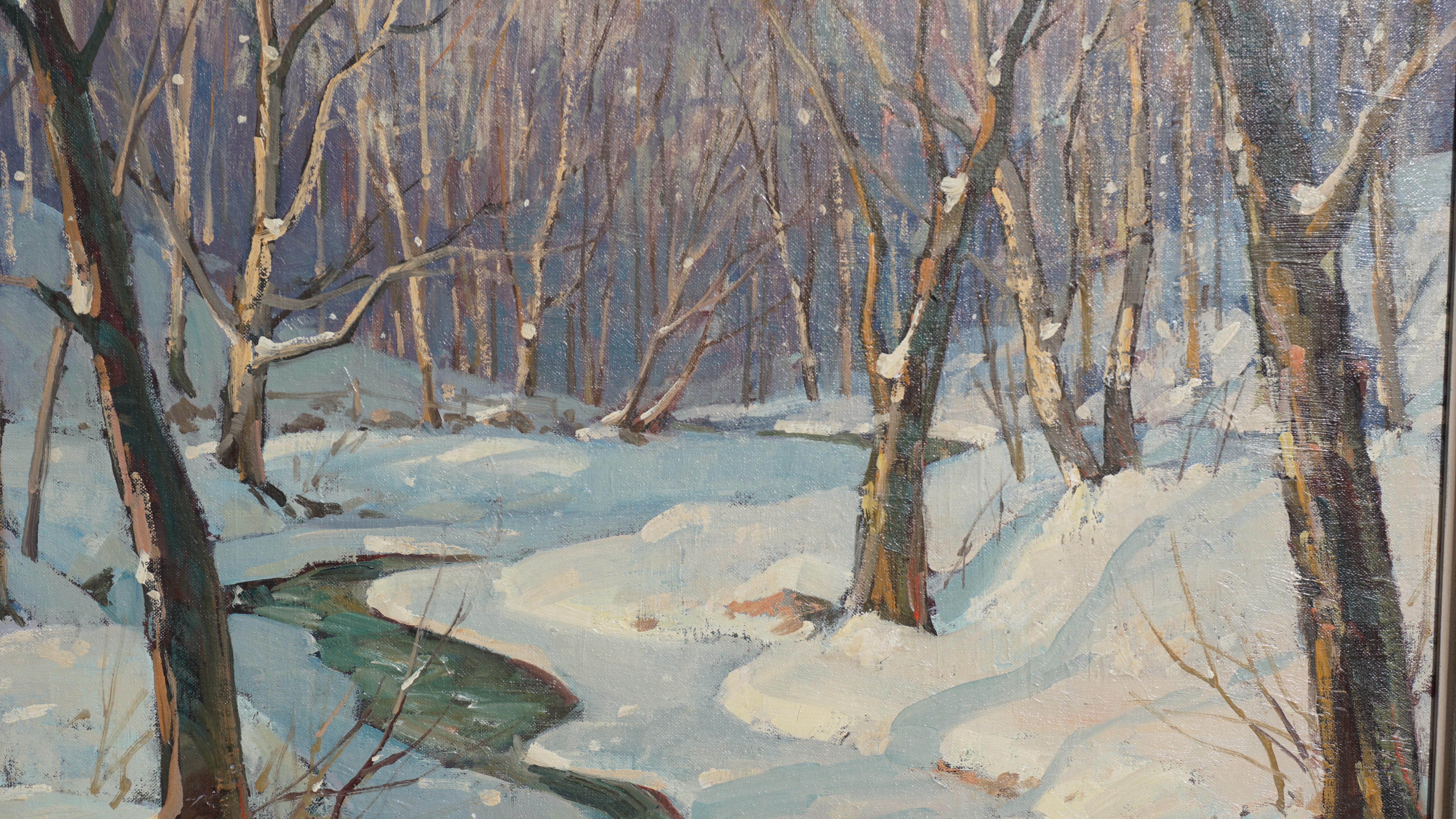 Leo Blake Pittura ad olio con ruscello d'inverno del New England 2