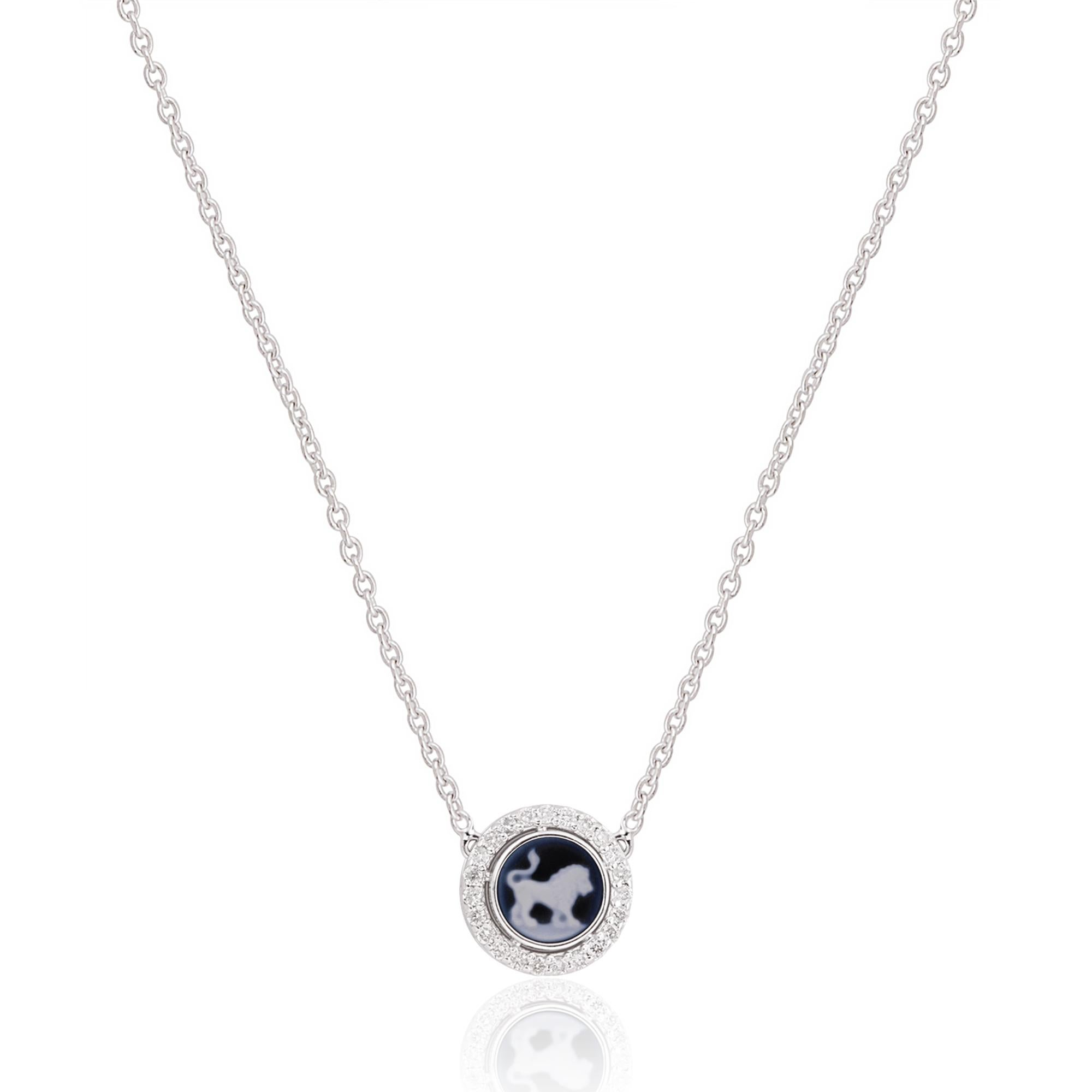 Make a bold statement with this exquisite Leo carving gemstone zodiac diamond charm necklace. Crafted in 14-karat white gold, this fine jewelry piece showcases a meticulously carved Leo zodiac symbol adorned with dazzling diamonds, creating a