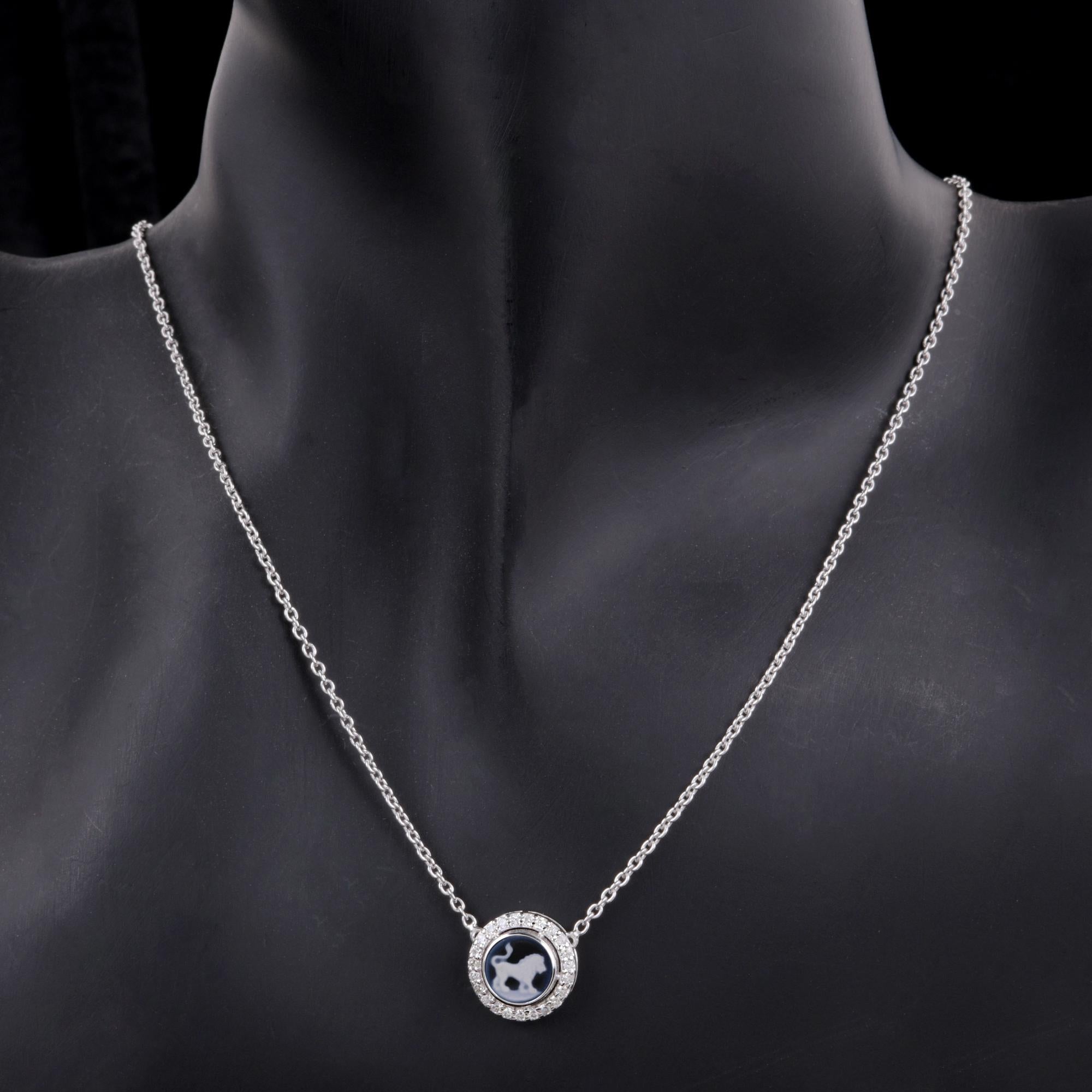 Modern Leo Carving Gemstone Zodiac Diamond Charm Necklace 14 Karat White Gold Jewelry For Sale