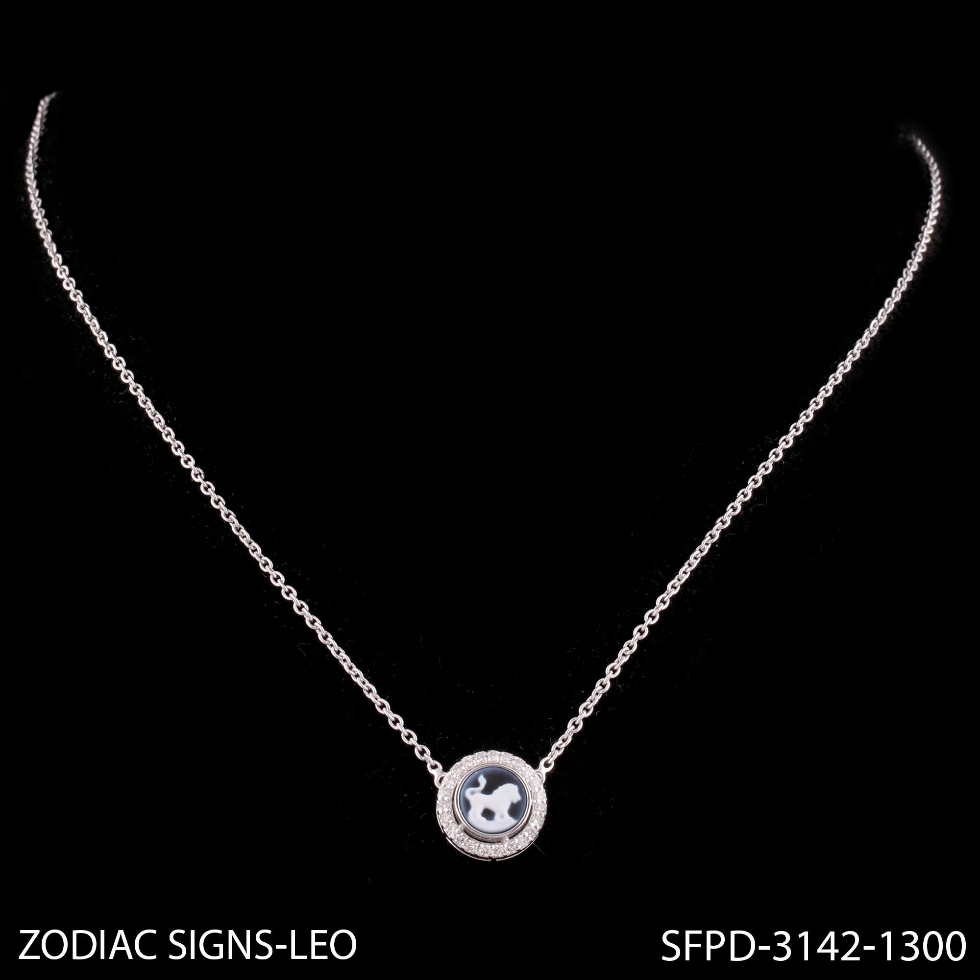 Women's Leo Carving Gemstone Zodiac Diamond Charm Necklace 14 Karat White Gold Jewelry For Sale