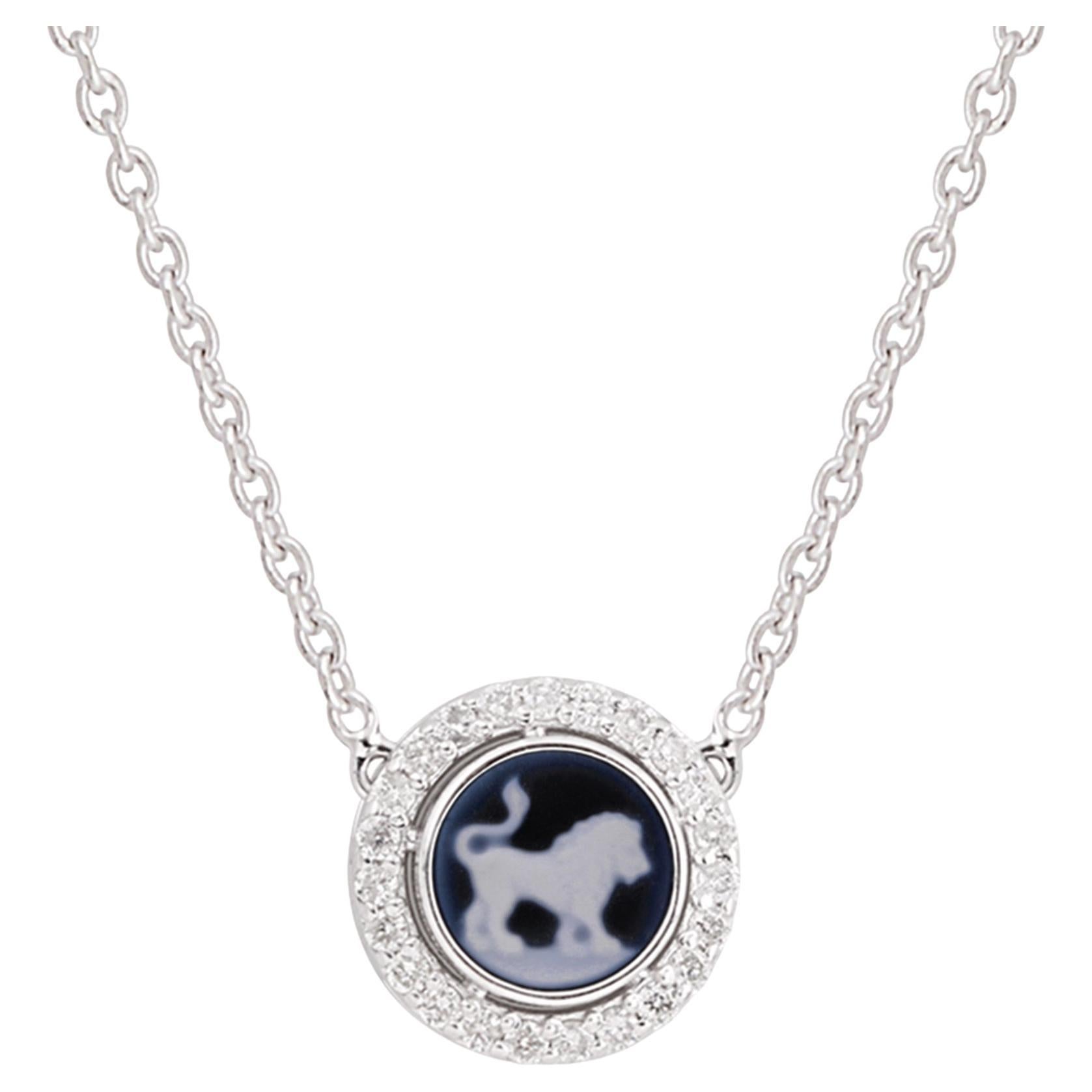 Leo Carving Gemstone Zodiac Diamond Charm Necklace 14 Karat White Gold Jewelry
